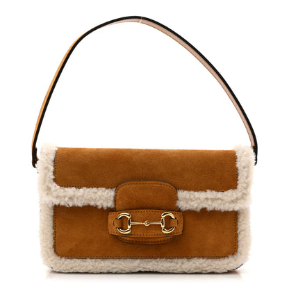 Gucci Suede Shearling Horsebit Mini 1955 Shoulder Bag Honey Beige Milk 1 of 11