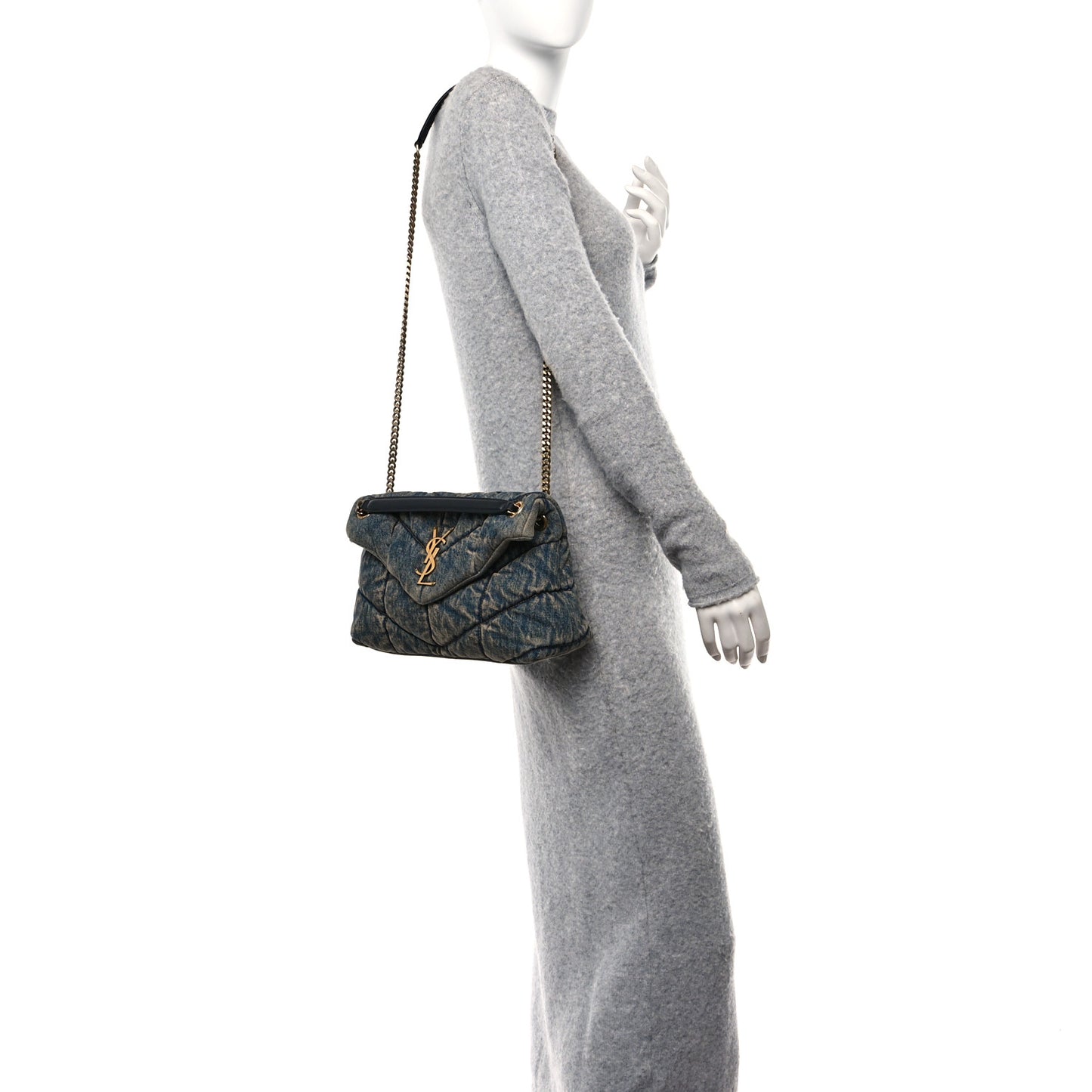 Denim Quilted Small Loulou Puffer Monogram Chain Satchel Rodeo Blue