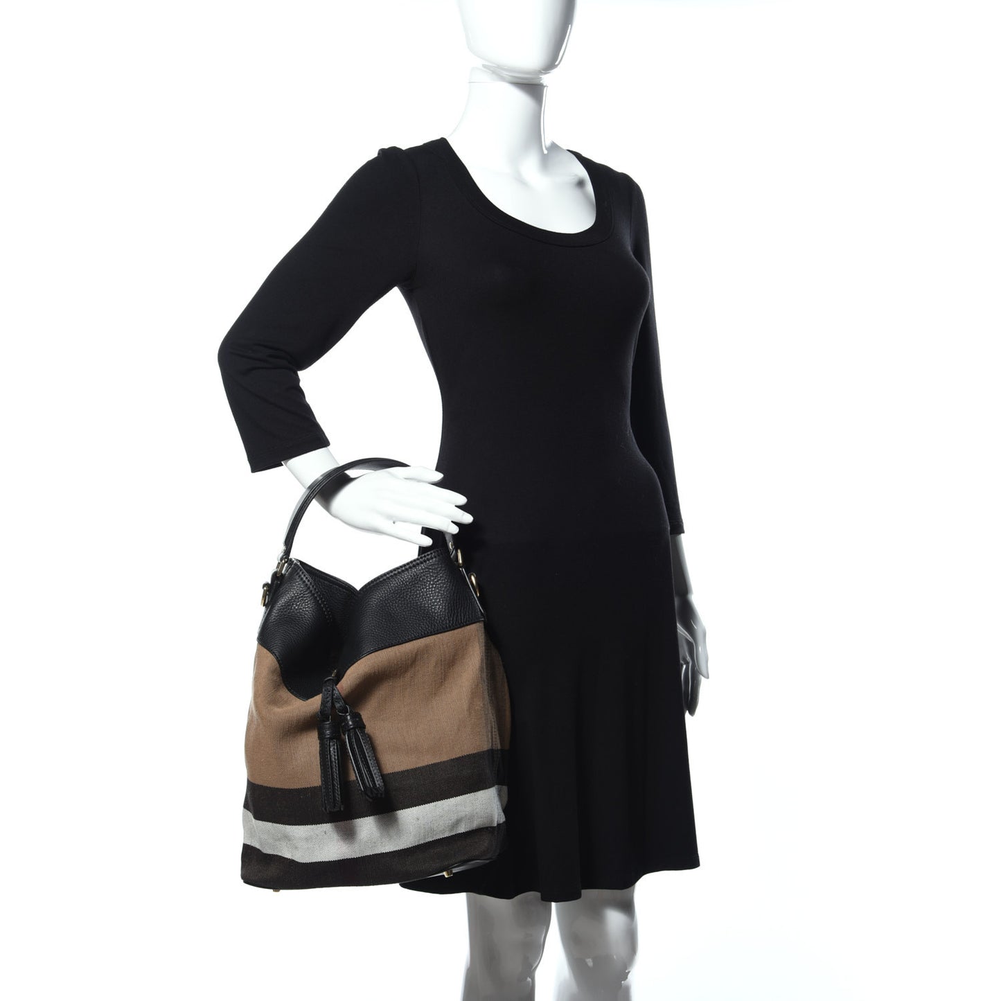Grainy Calfskin Canvas Mega Check Medium Ashby Tassel Hobo Black