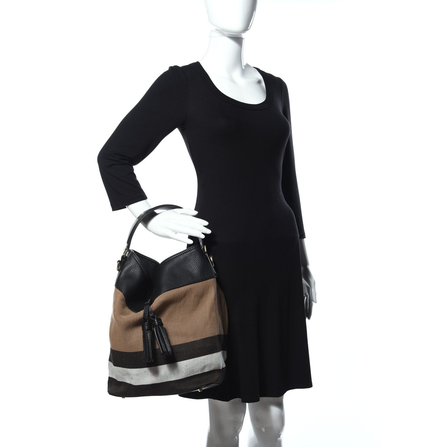 Burberry Grainy Calfskin Canvas Mega Check Medium Ashby Tassel Hobo Black 2 of 11