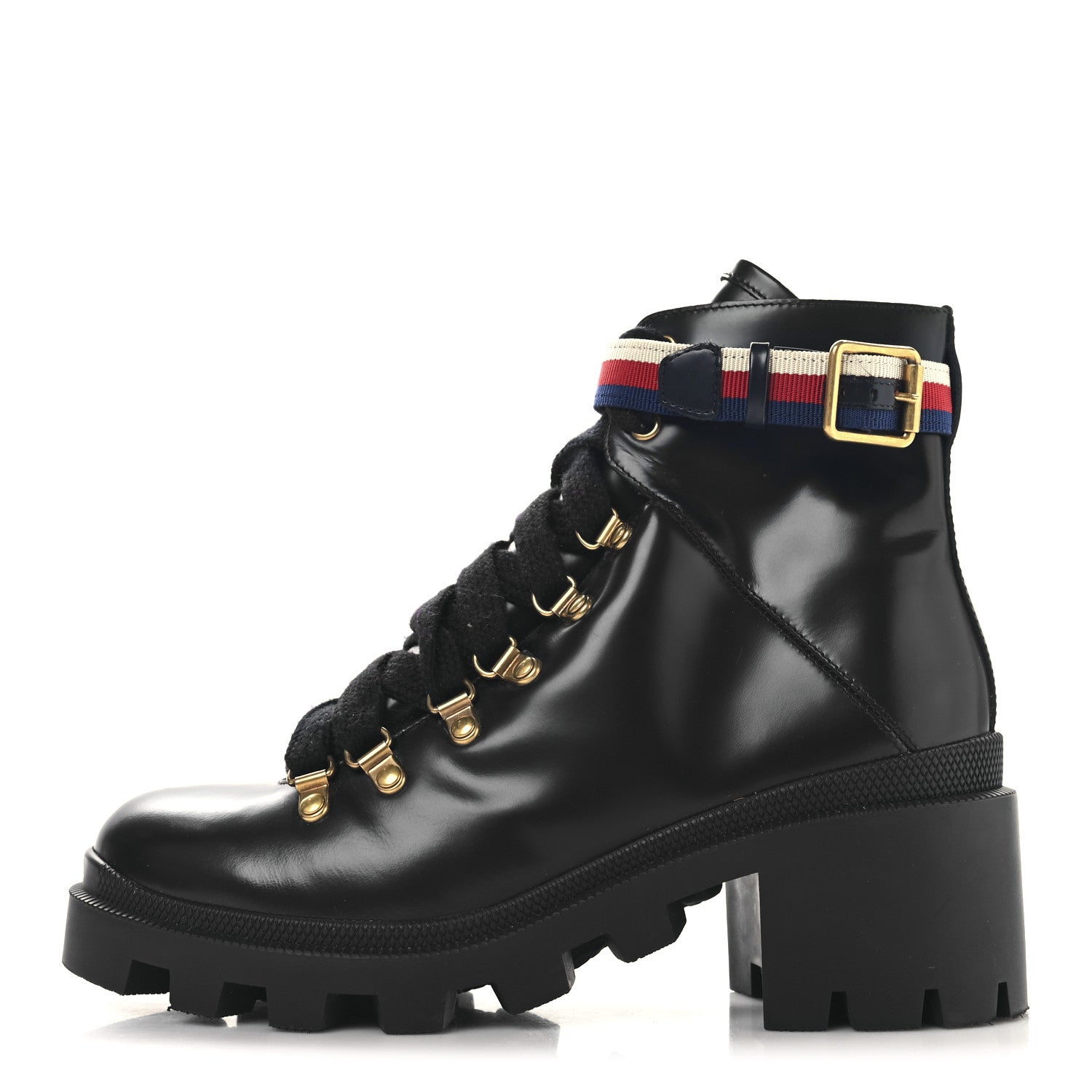 Gucci Calfskin Sylvie Web Womens Lace Up Combat Boots 38.5 Black 1 of 9