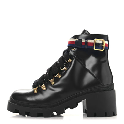 Gucci Calfskin Sylvie Web Womens Lace Up Combat Boots 38.5 Black 1 of 9