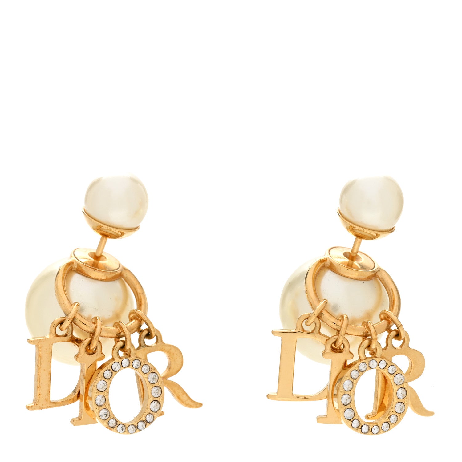 Christian Dior Pearl Crystal Tribal Logo Charms Earrings Gold 1 of 4
