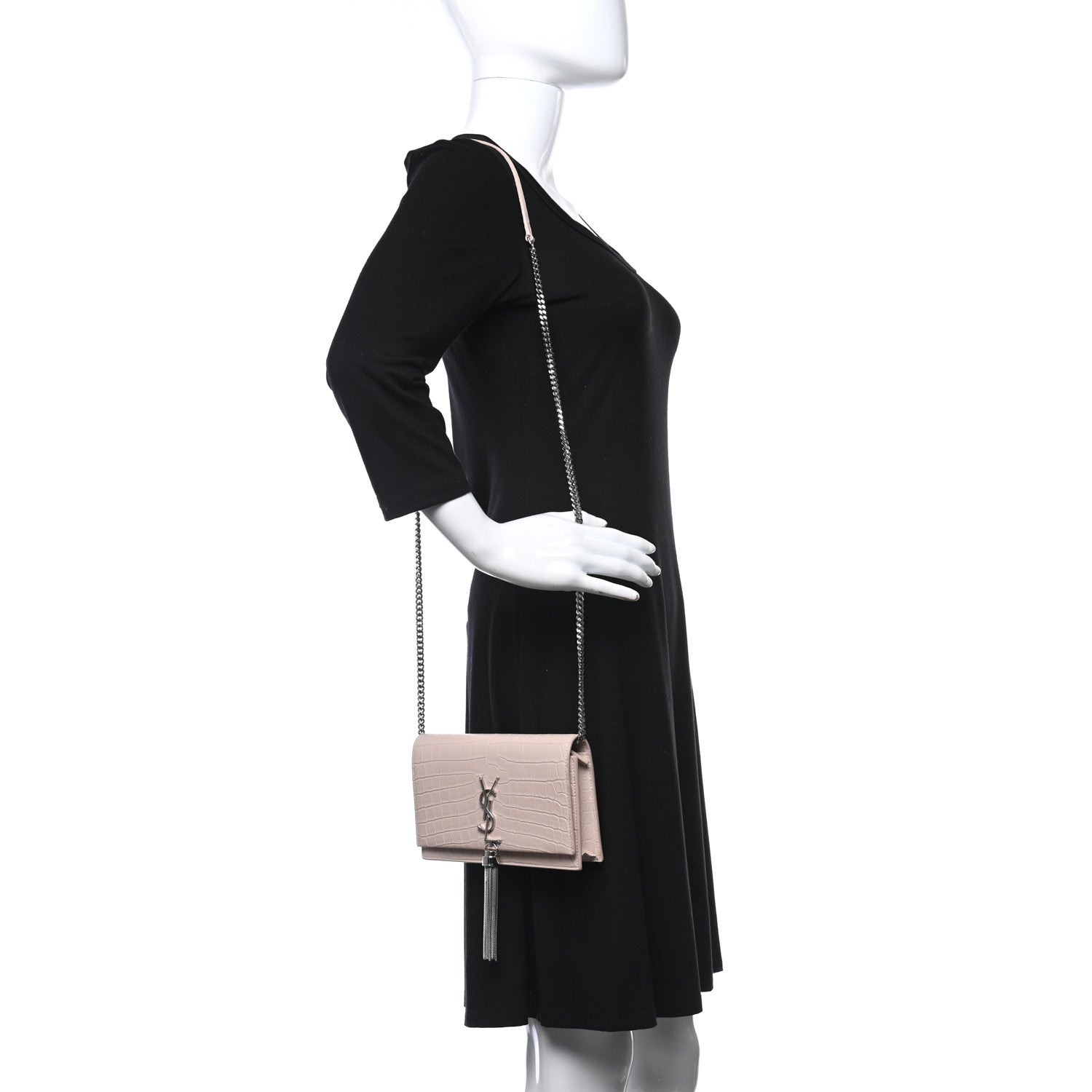 Saint Laurent Calfskin Crocodile Embossed Kate Monogram Tassel Chain Wallet Marble Pink 2 of 15