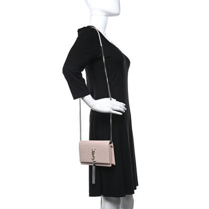 Saint Laurent Calfskin Crocodile Embossed Kate Monogram Tassel Chain Wallet Marble Pink 2 of 15
