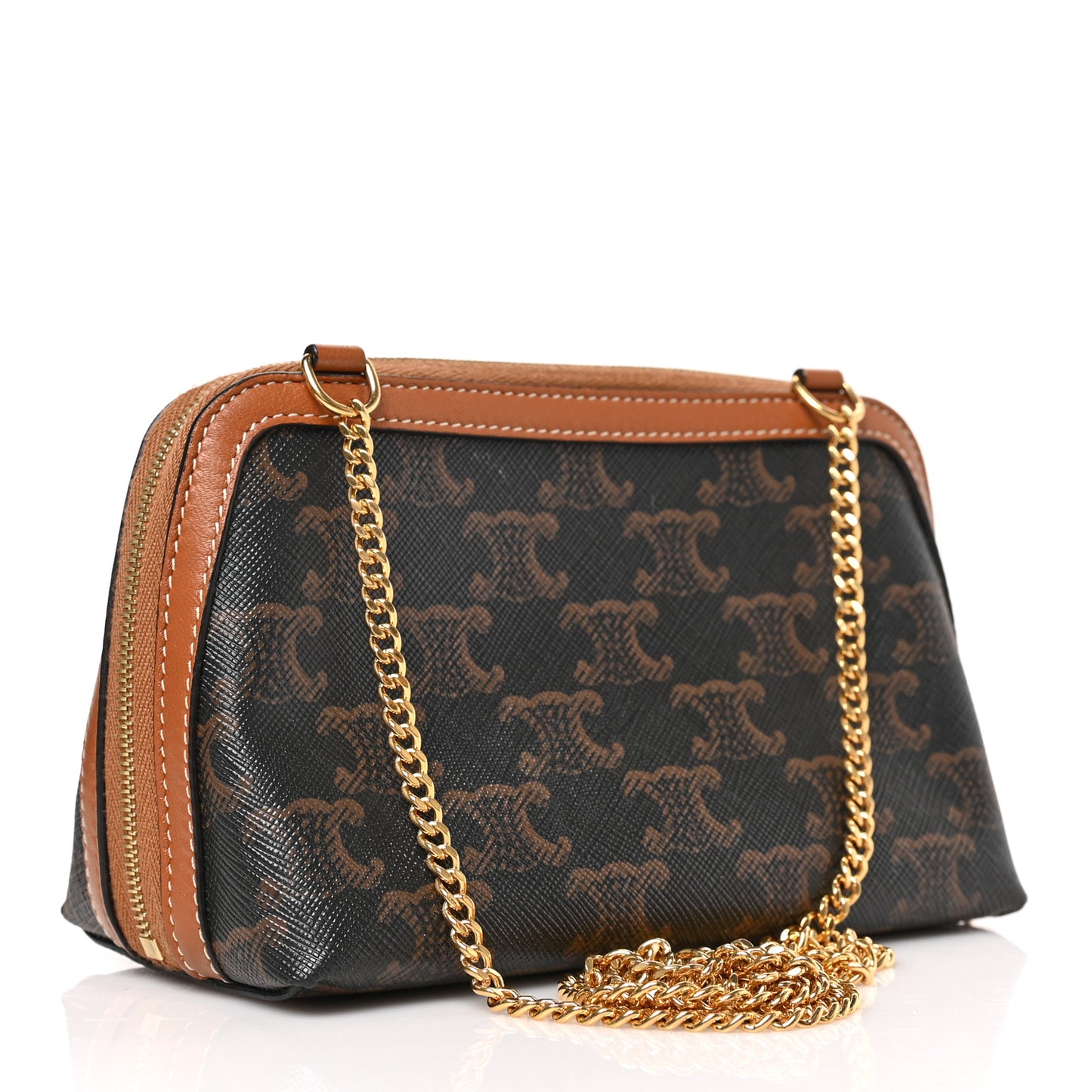 Lambskin Triomphe Canvas Embroidered Logo Clutch With Chain Tan