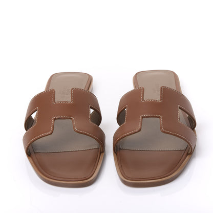 Hermes Box Calfskin Oran Sandals 37.5 Gold 2 of 9