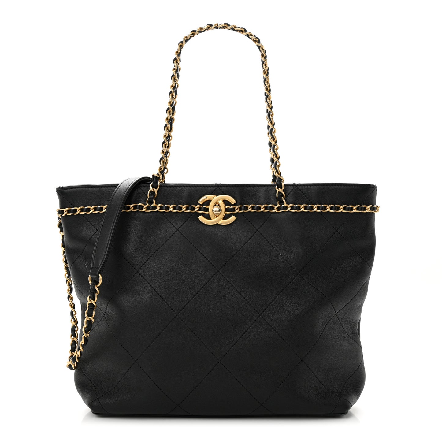 Calfskin Stitched Small Shopping Tote Black