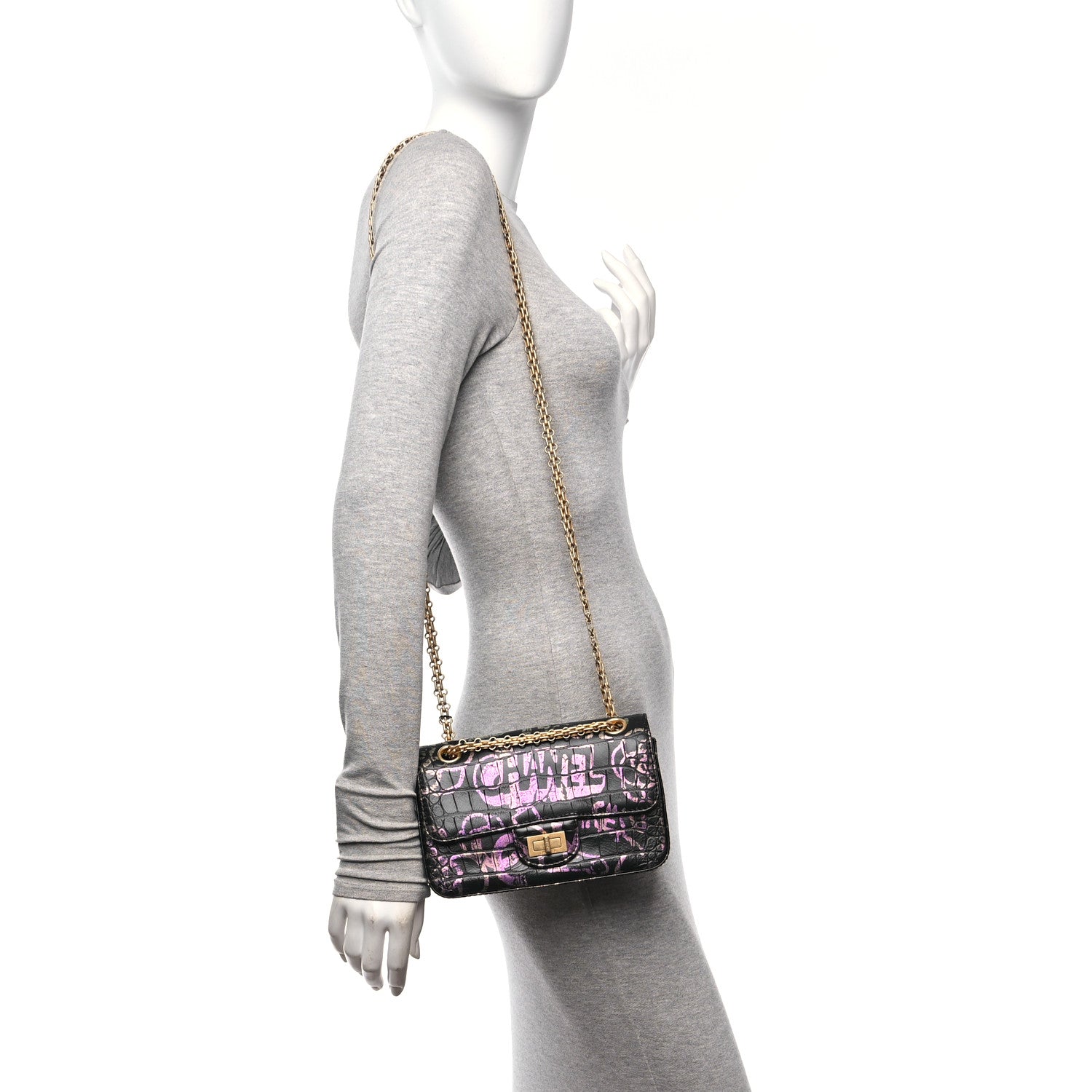 Chanel Calfskin Crocodile Embossed Graffiti 2.55 Mini Cocodile Reissue Flap Black Pink 2 of 11