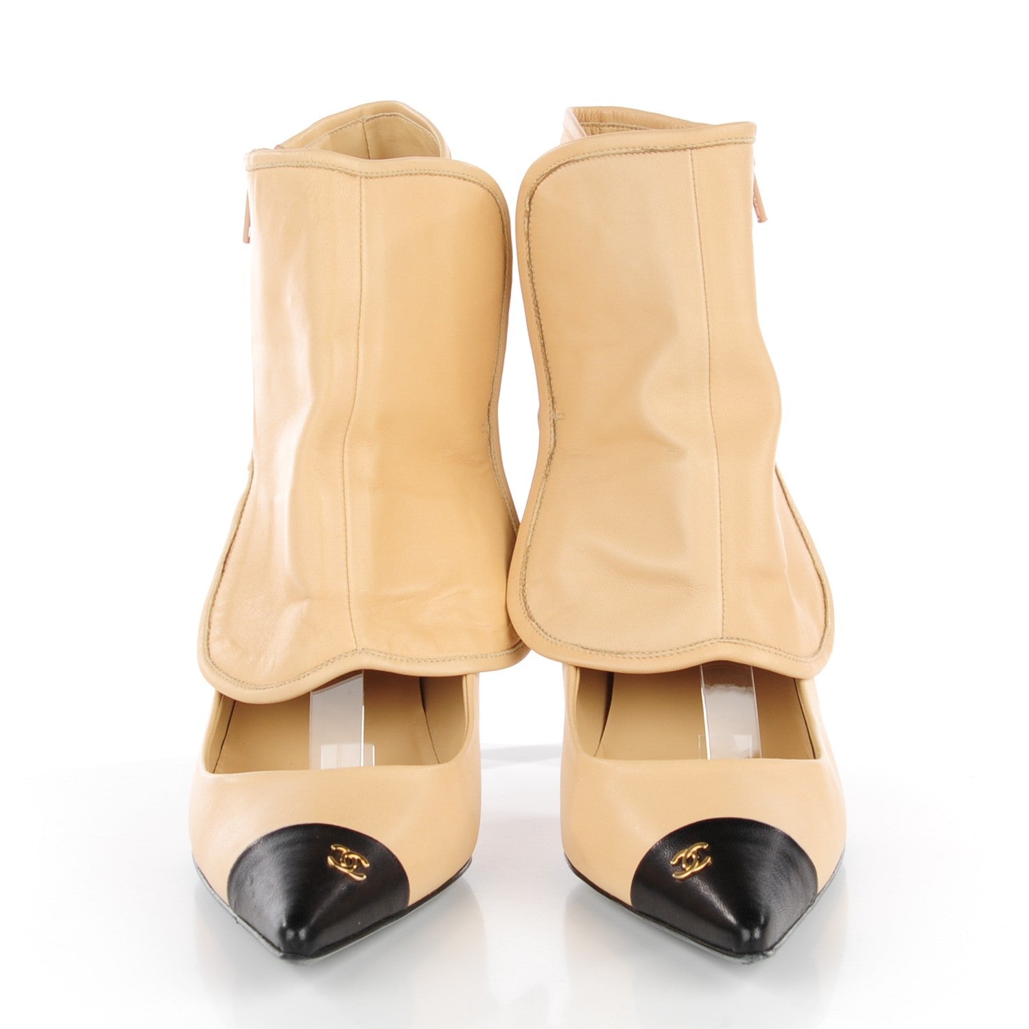 Chanel Lambskin Cap Toe Ankle Gaiter Pumps 39.5 Beige Black 3 of 10