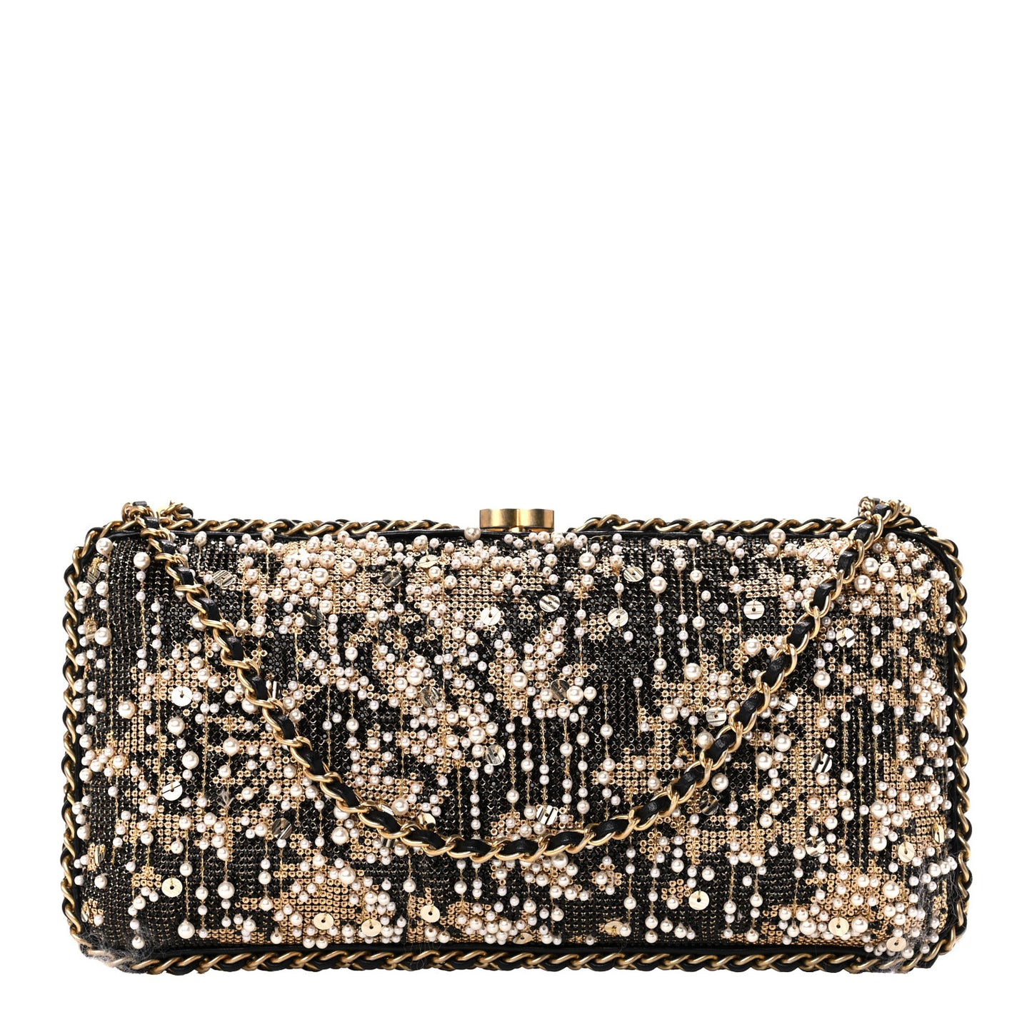 Pearl Crystal Chain Around Evening Clutch Black Gold