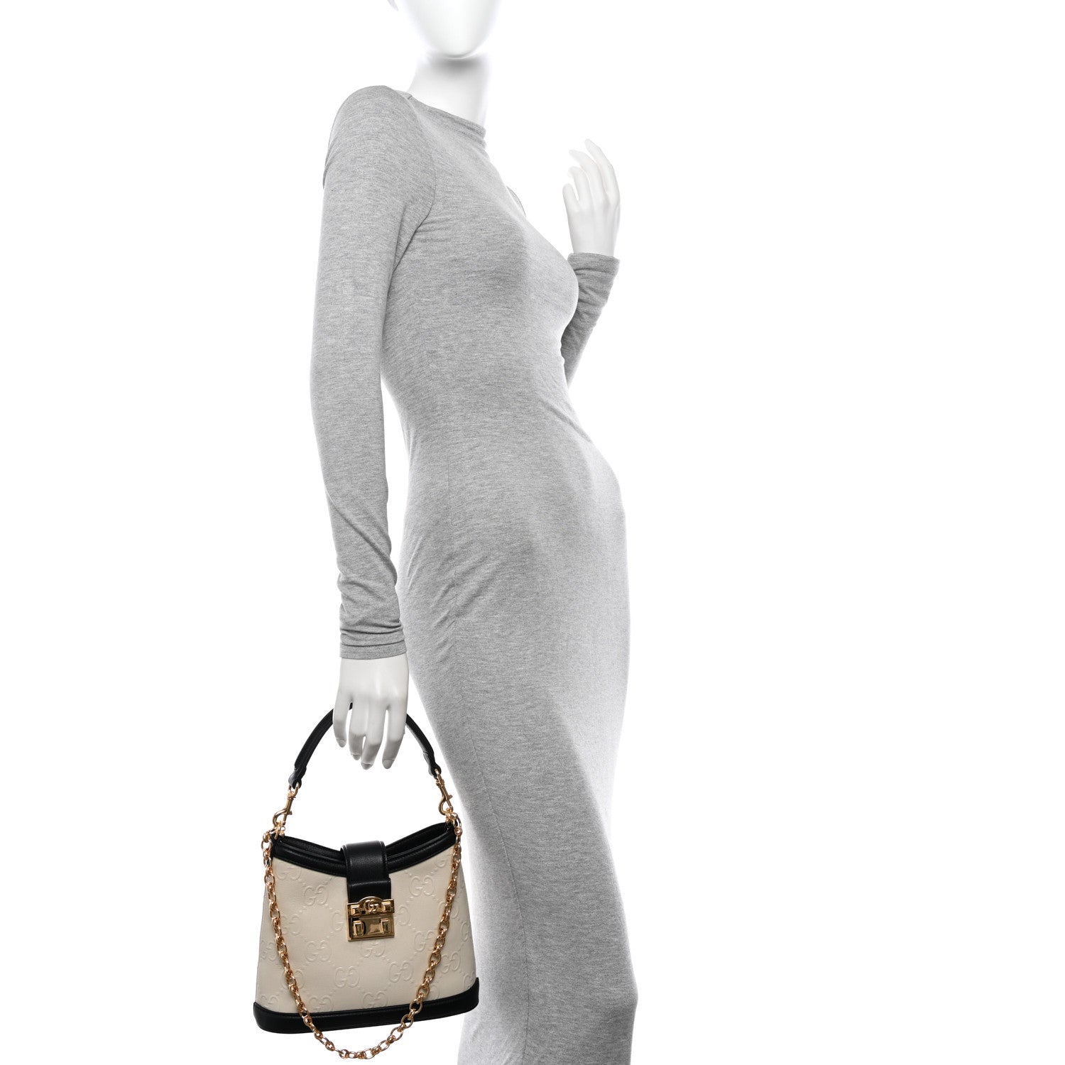 Gucci Wonka Grain Calfskin GG Monogram Debossed Small Padlock Shoulder Bag Mystic White Black 2 of 11