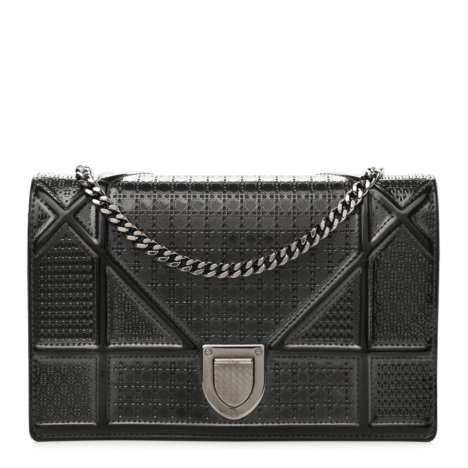 Christian Dior Metallic Patent Micro-Cannage Diorama Wallet on Chain Pouch Black 1 of 10