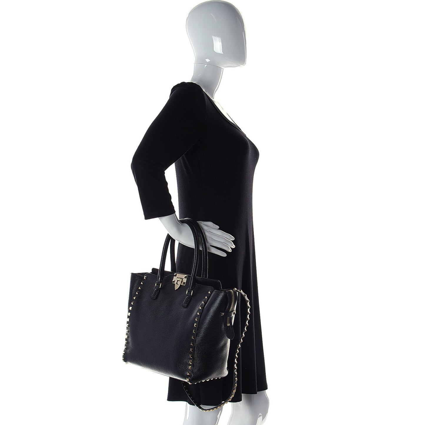 Textured Calfskin Rockstud Double Handle Tote Black