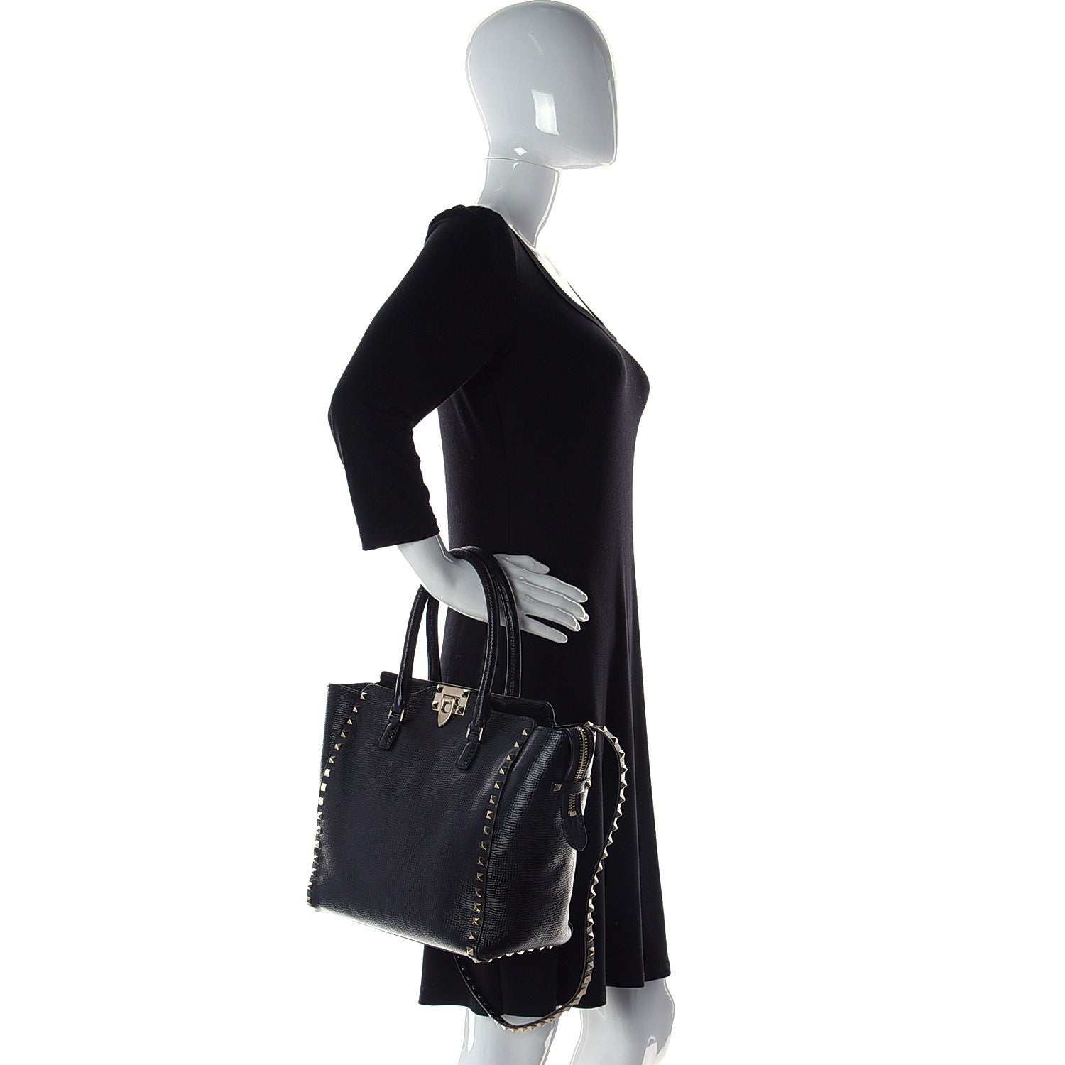 Valentino Garavani Textured Calfskin Rockstud Double Handle Tote Black 3 of 17