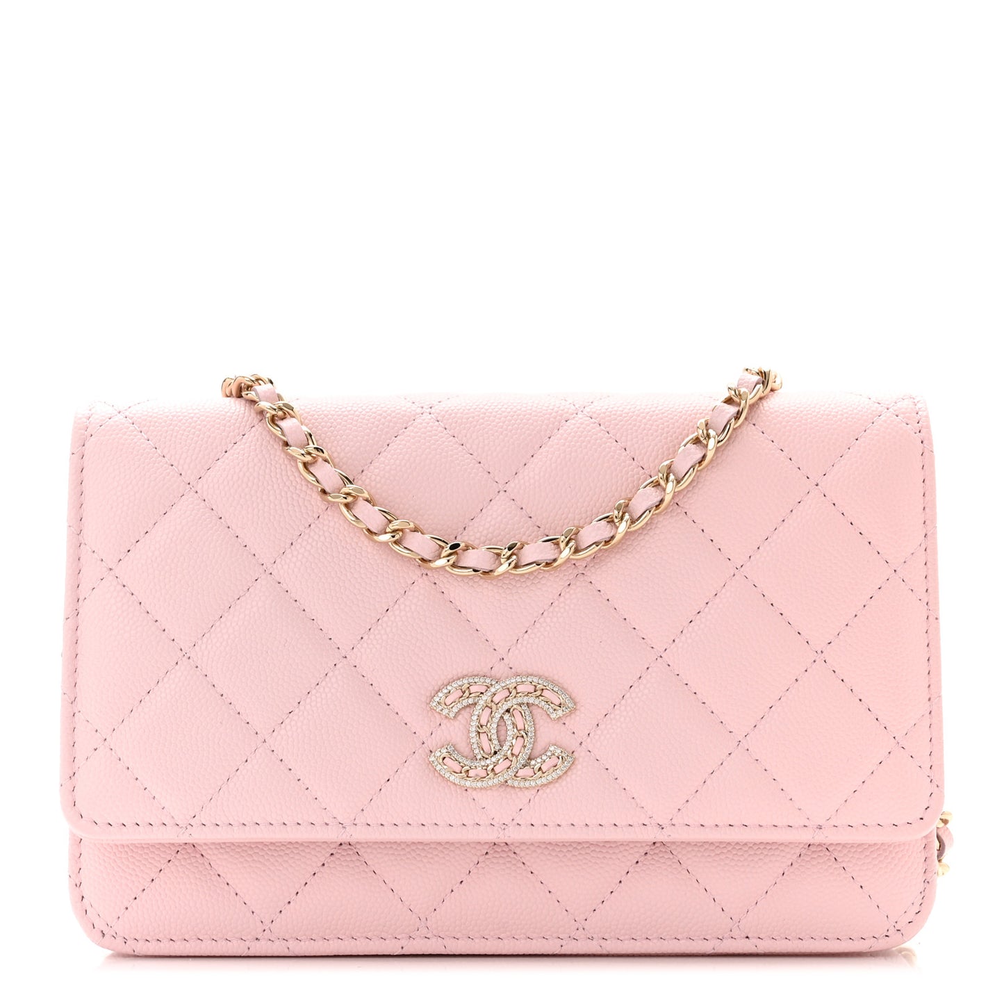 Caviar Quilted Crystal CC Wallet On Chain WOC Light Pink