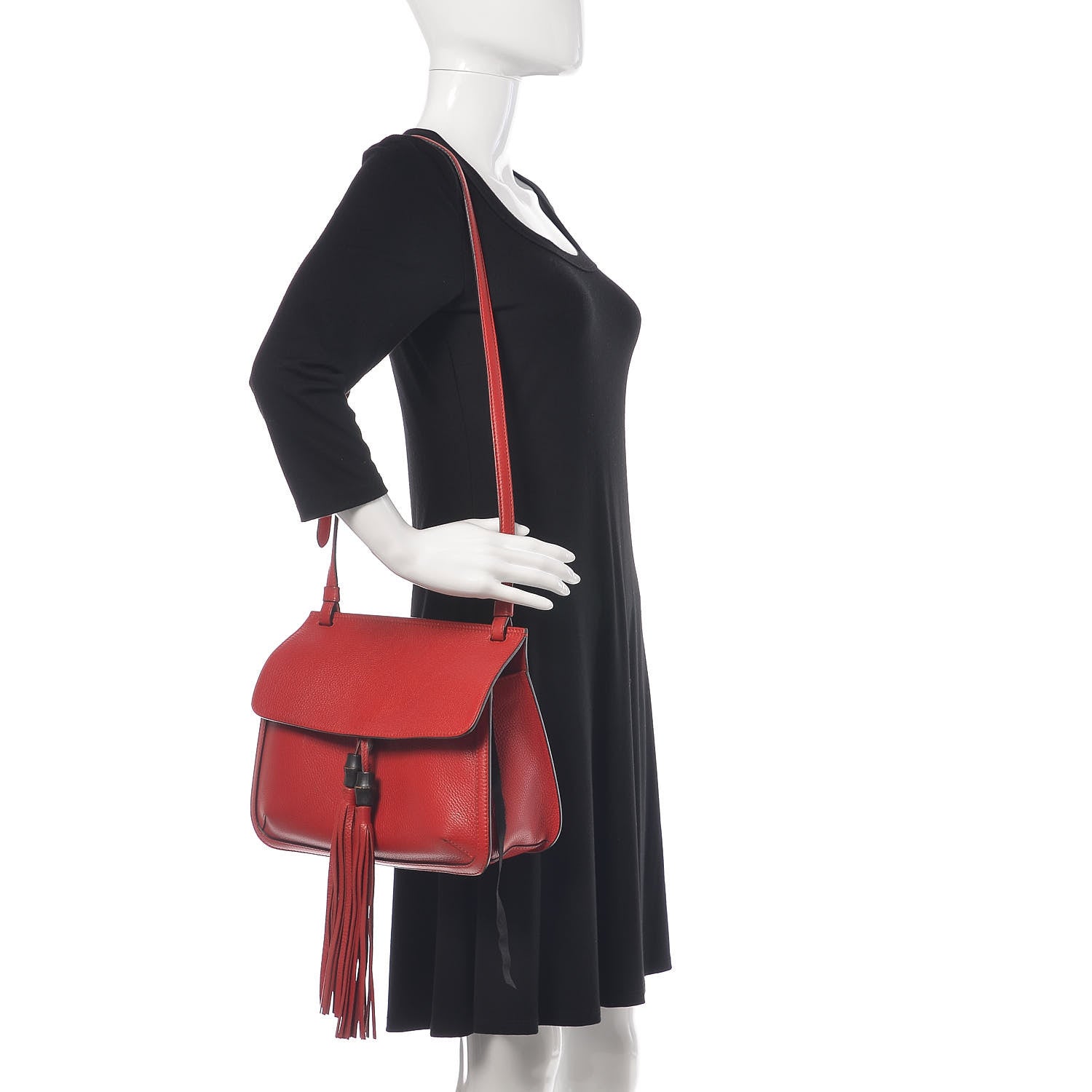 Gucci Pebbled Calfskin Medium Bamboo Daily Flap Shoulder Bag Red 2 of 12