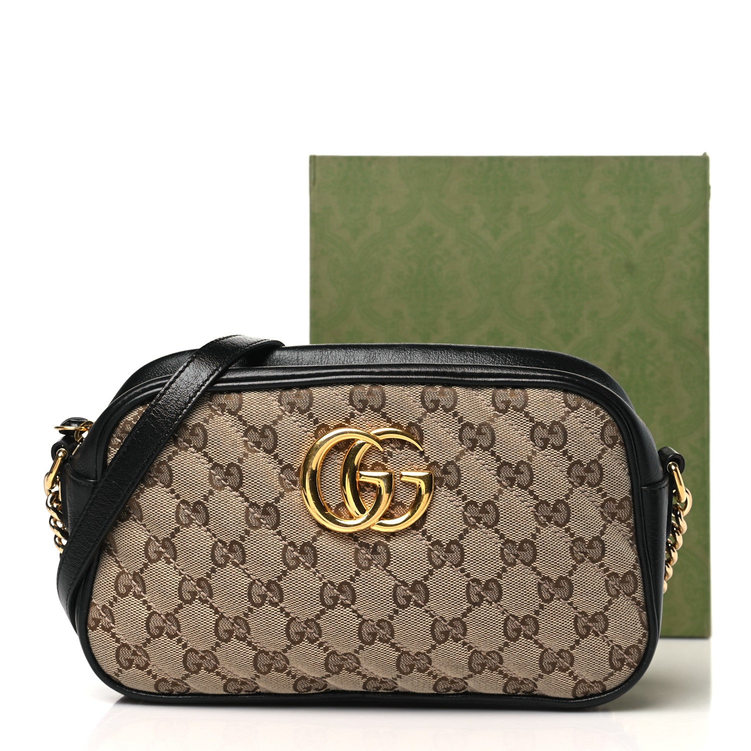 Gucci Monogram Matelasse Diagonal Small GG Marmont Chain Shoulder Bag Beige Black 13 of 13