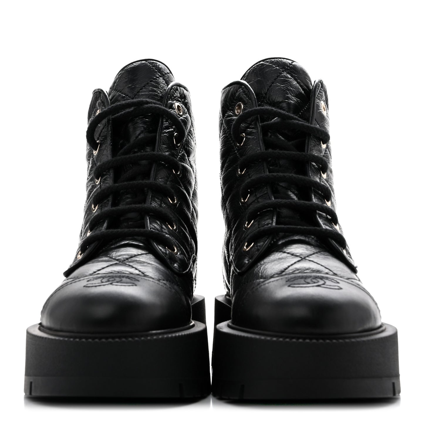 Shiny Calfskin Quilted Lace Up Combat Boots 37.5 Black