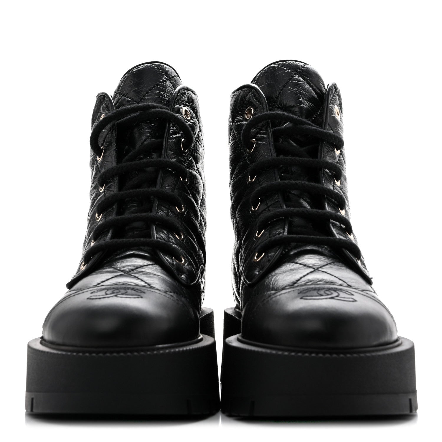 Chanel Shiny Calfskin Quilted Lace Up Combat Boots 37.5 Black 3 of 11