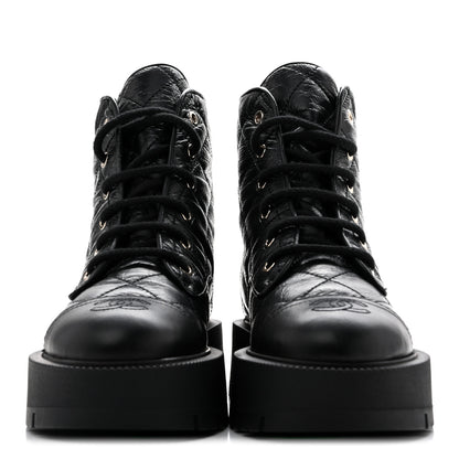 Chanel Shiny Calfskin Quilted Lace Up Combat Boots 37.5 Black 3 of 11
