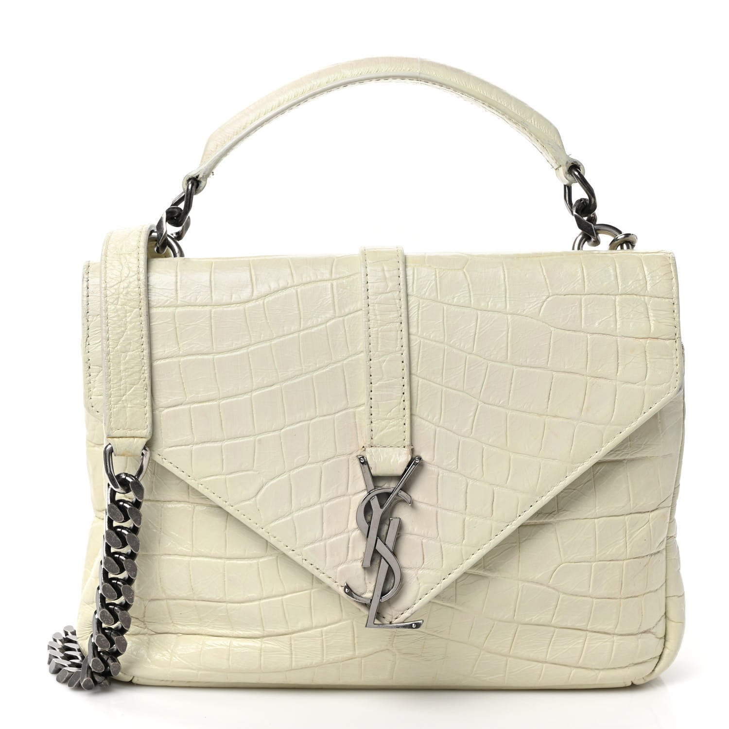 Saint Laurent Calfskin Crocodile Embossed Medium College Monogram Satchel Dove White 1 of 11
