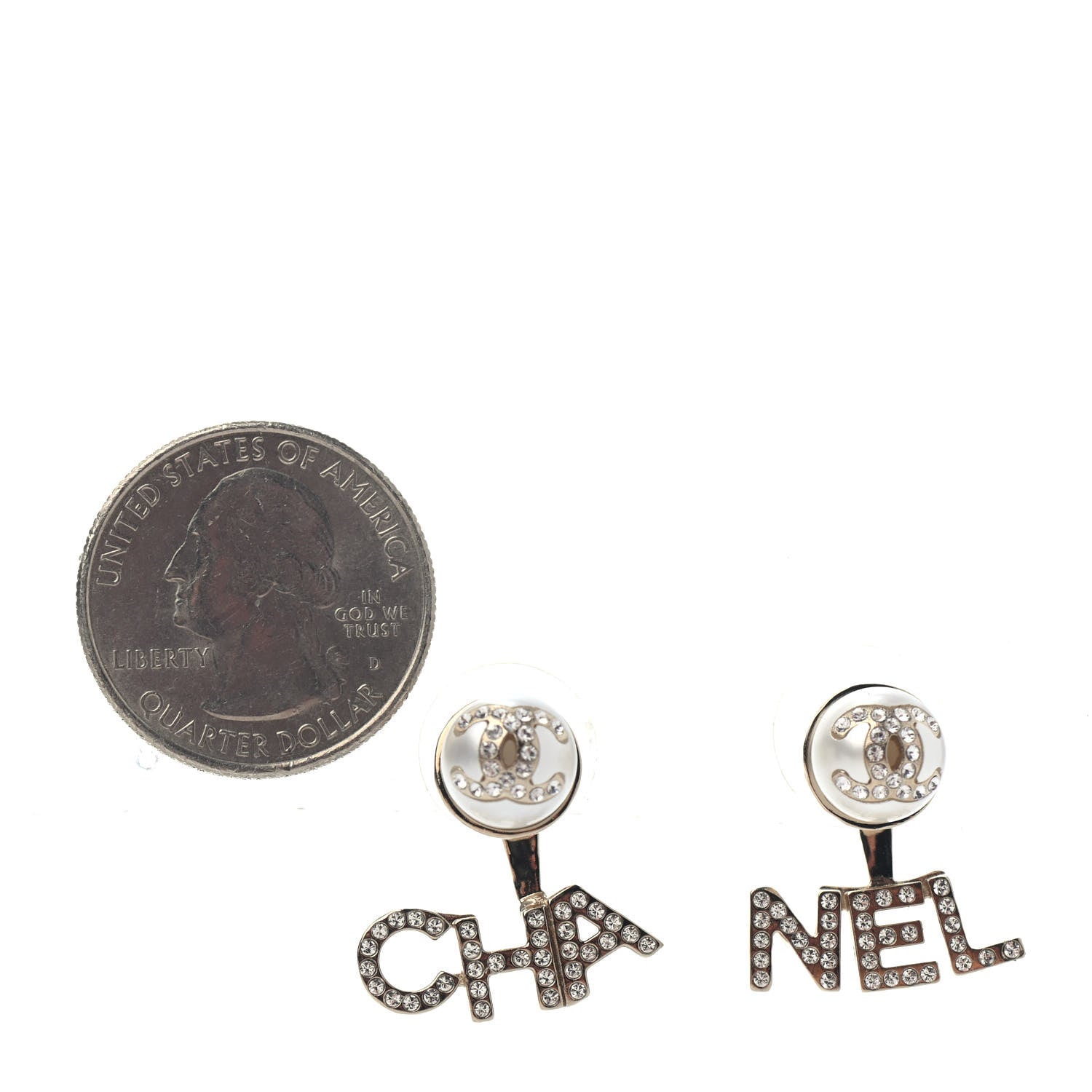 Chanel Pearl Crystal Logo Earrings Gold Pearly White 2 of 4