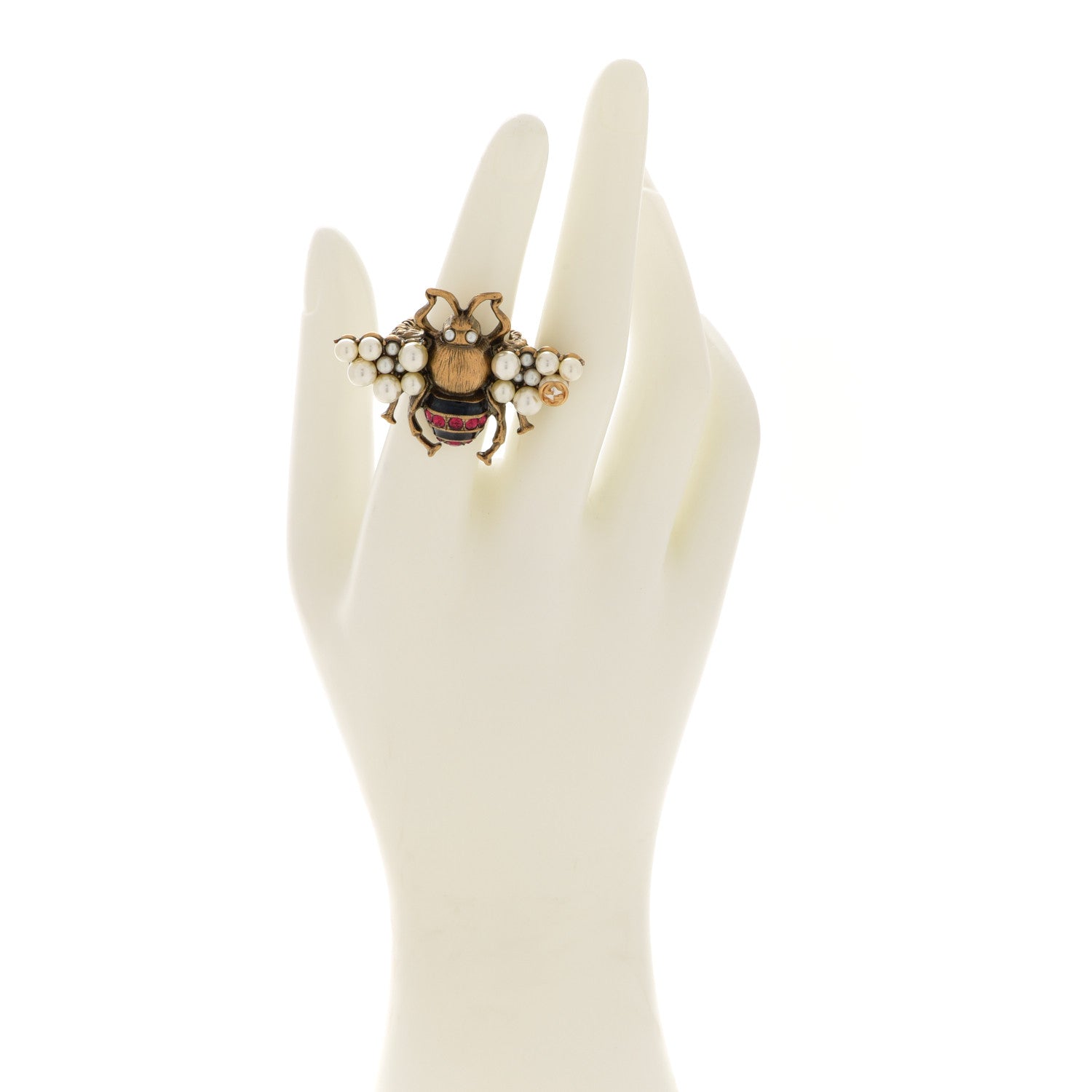 Gucci Metal Crystal Pearl Bee Ring S Aged Gold 2 of 5