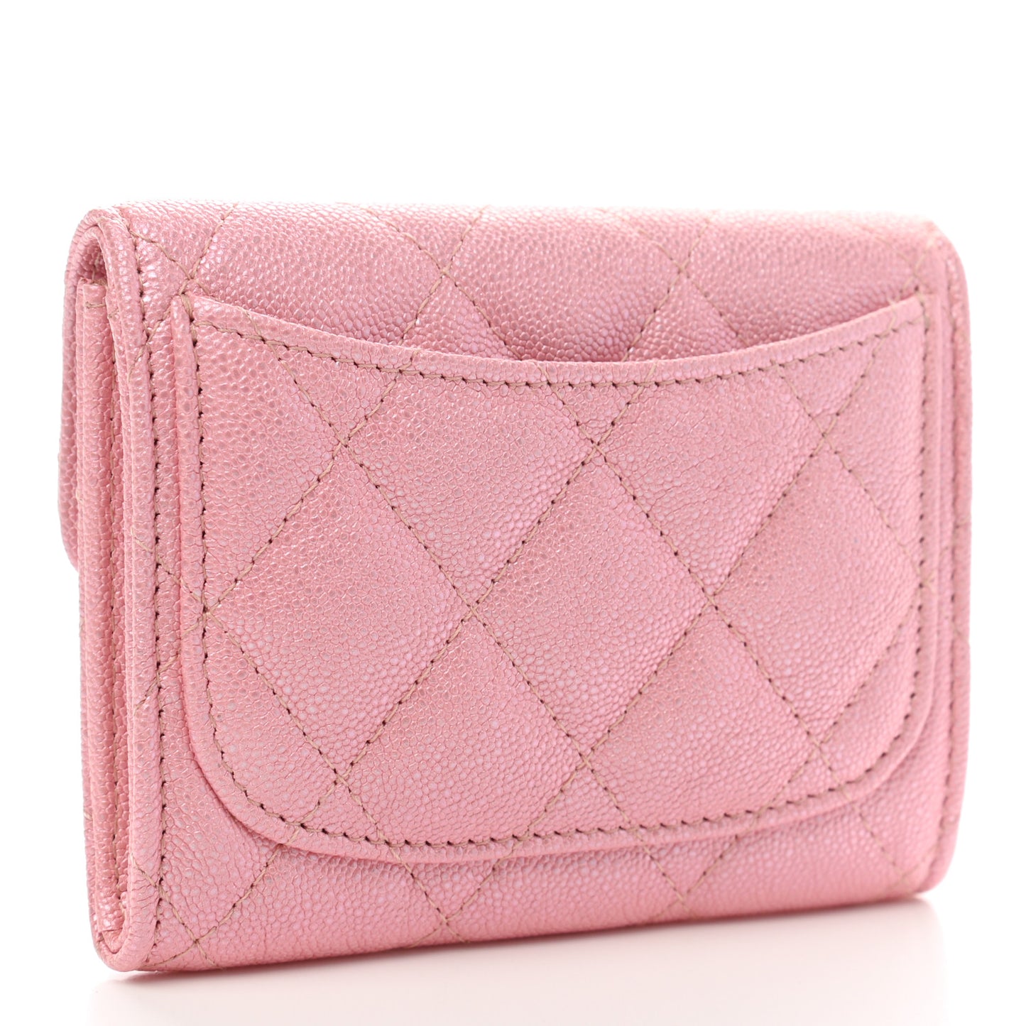Iridescent Caviar Quilted Flap Card Holder Wallet Pink