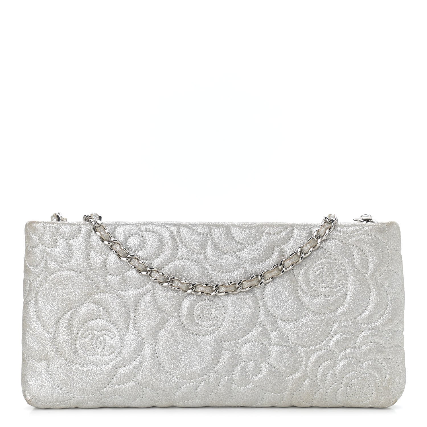 Chanel Metallic Lambskin Camellia Chain Pouch Silver 1 of 14