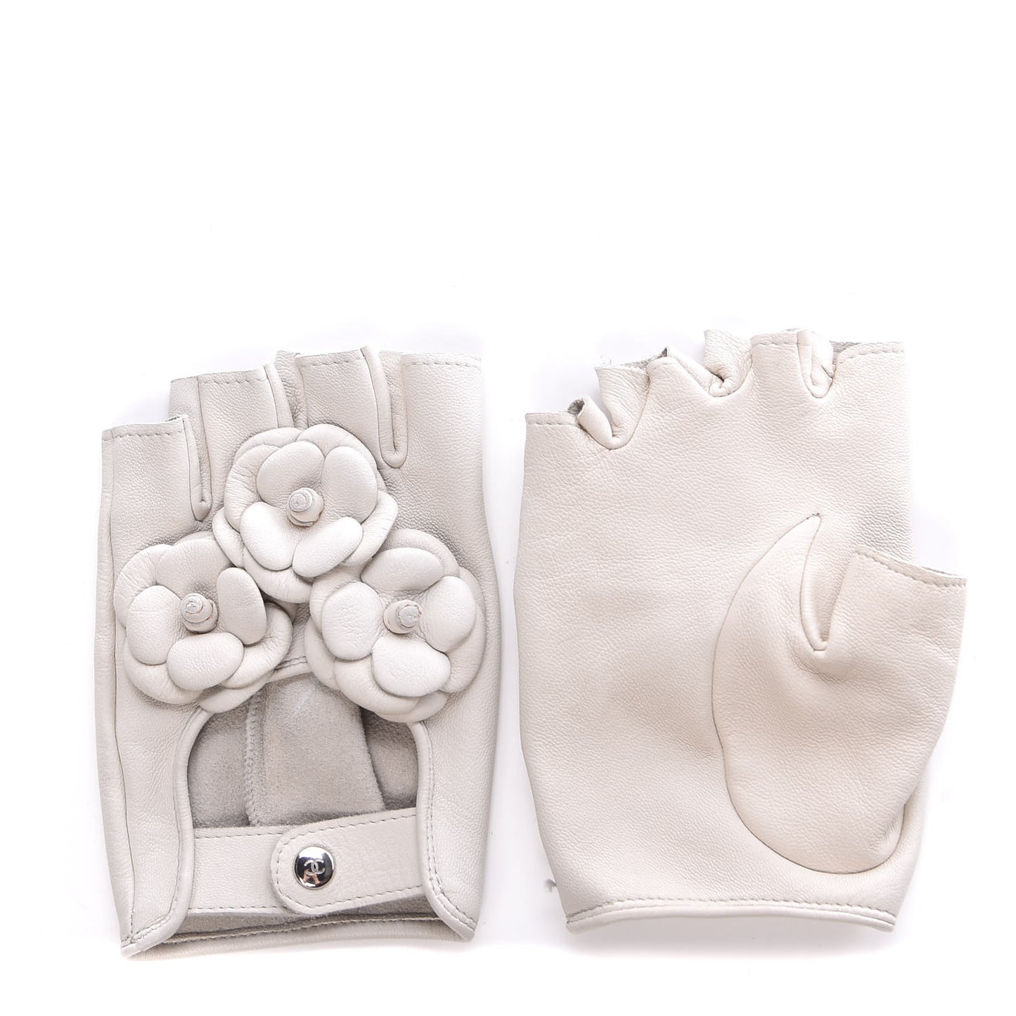 Lambskin Camellia Fingerless Gloves 7 White
