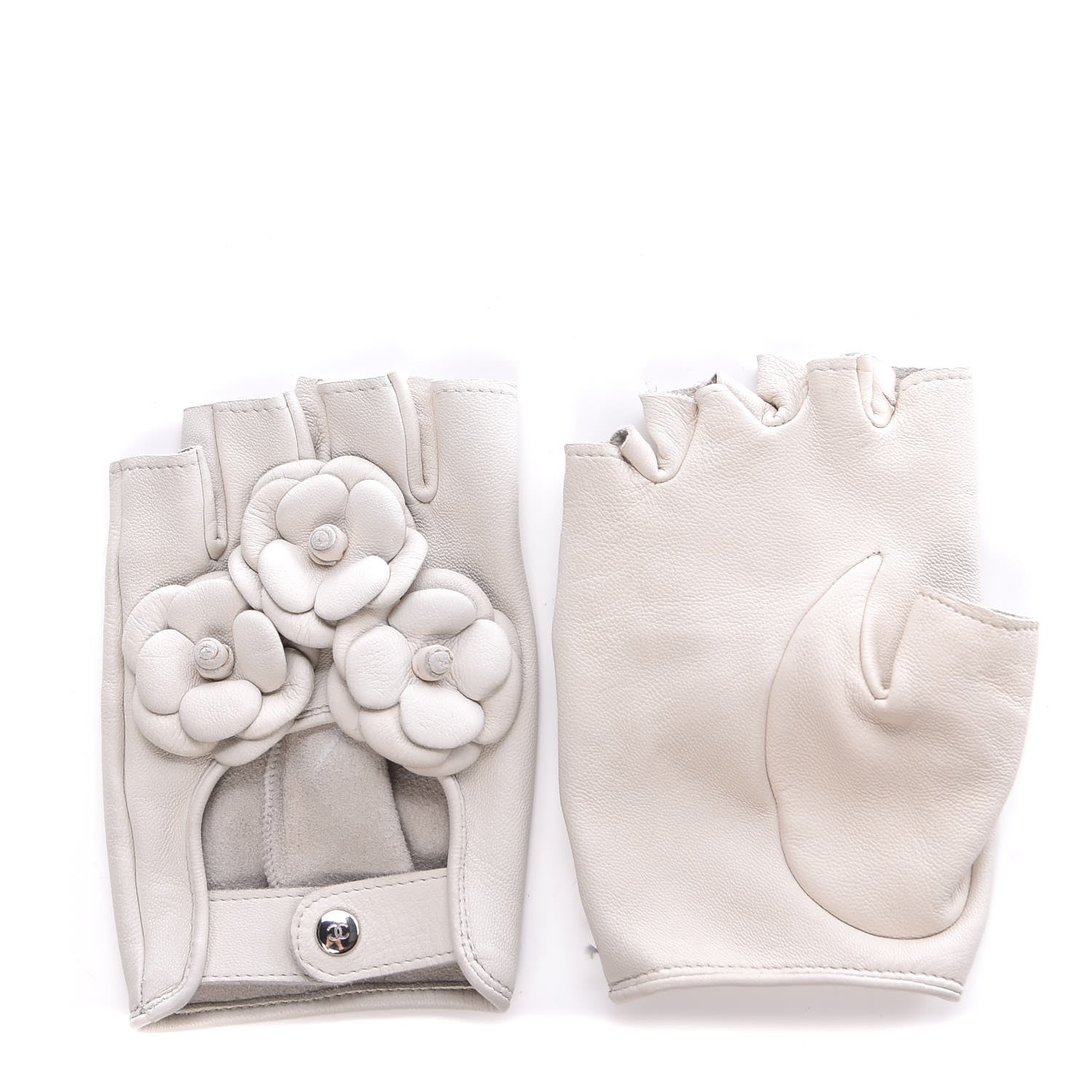Chanel Lambskin Camellia Fingerless Gloves 7 White 1 of 8