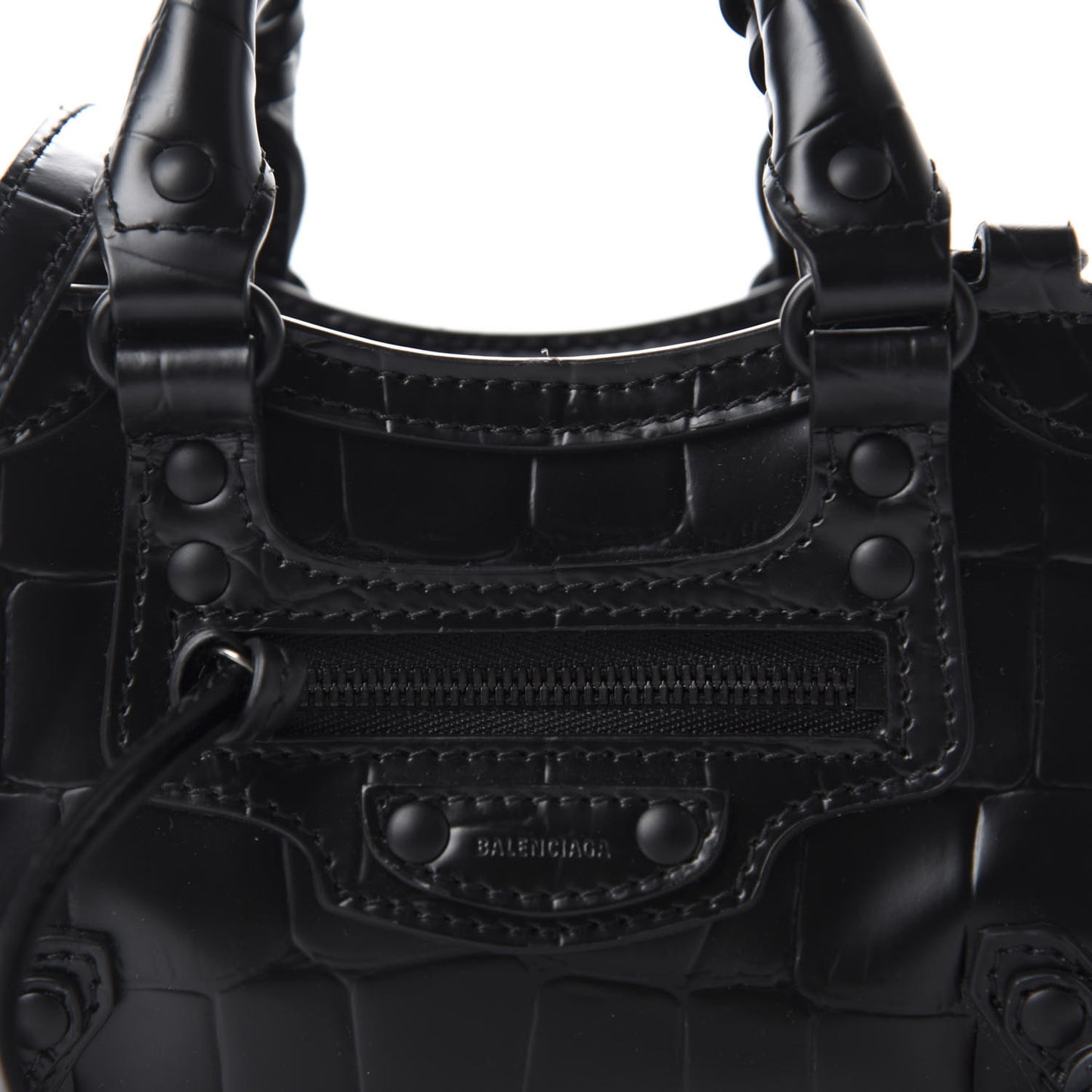 Semi Shiny Calfskin Crocodile Embossed Neo Classic Black Hardware Nano City Crossbody Black