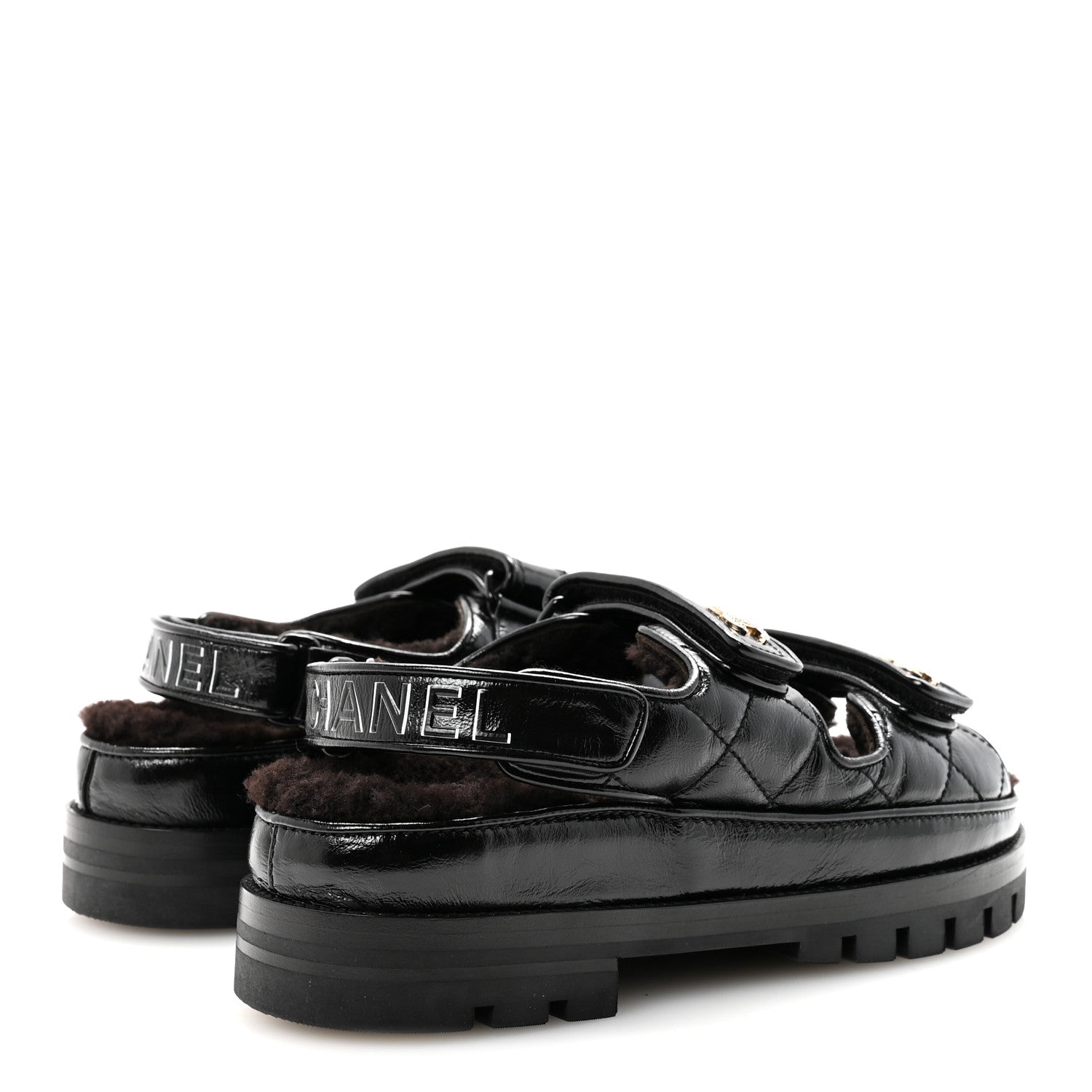 Chanel Laminated Lambskin Shearling Crystal CC Velcro Dad Platform Sandals 37 Black 5 of 10