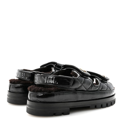 Chanel Laminated Lambskin Shearling Crystal CC Velcro Dad Platform Sandals 37 Black 5 of 10