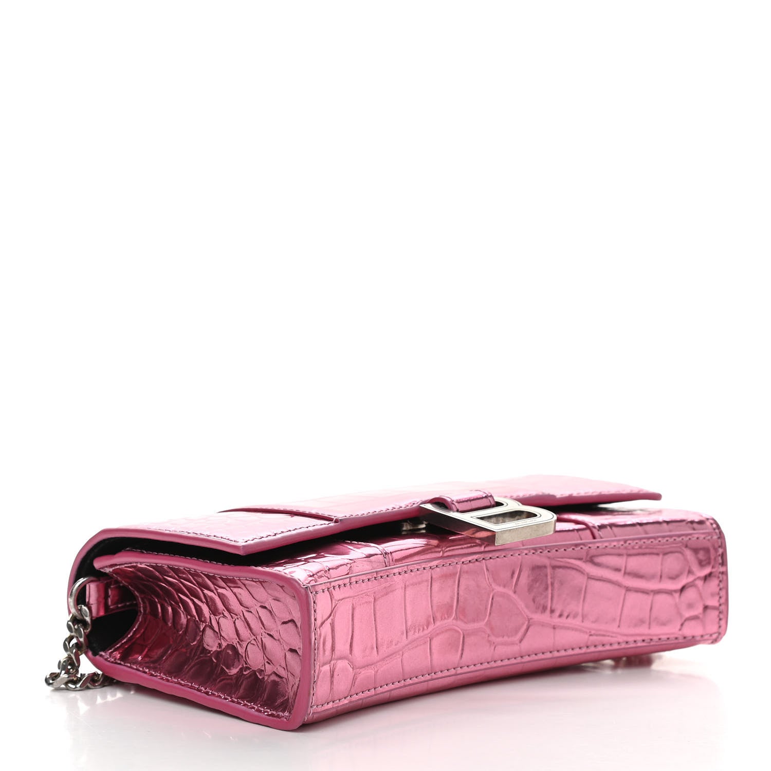 Balenciaga Metallic Shiny Calfskin Crocodile Embossed Hourglass Chain Bag Pink 4 of 9