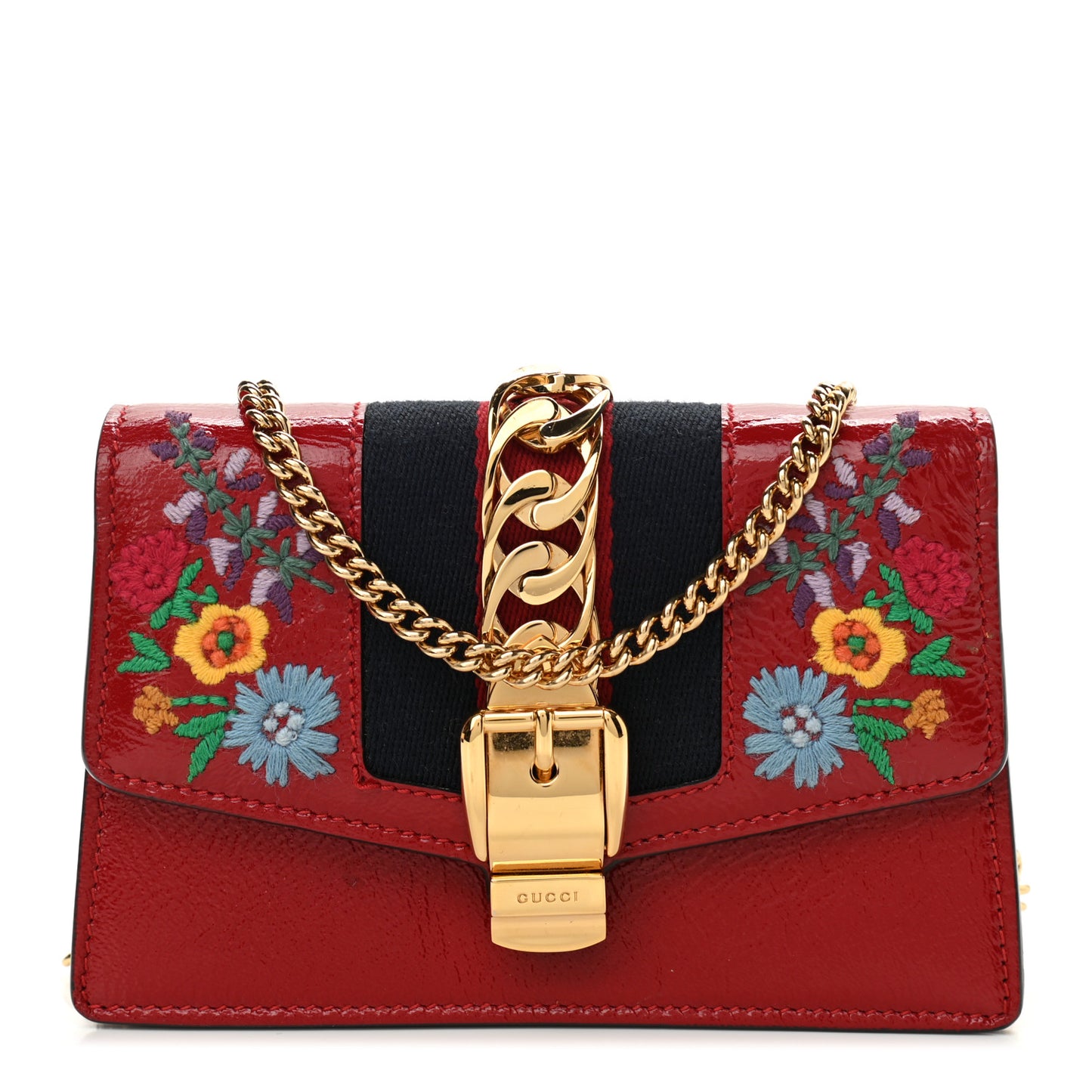 Patent Embroidered Super Mini Sylvie Chain Shoulder Bag Red