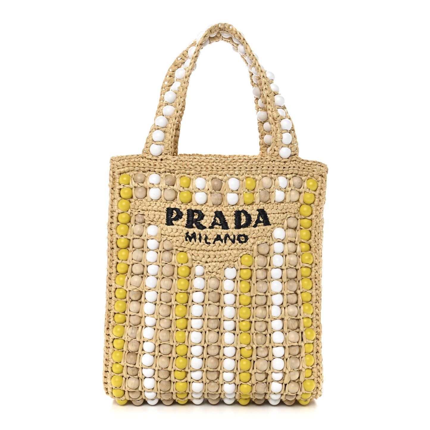 Raffia Wood Bead Embroidered Logo Tote Bag Naturale