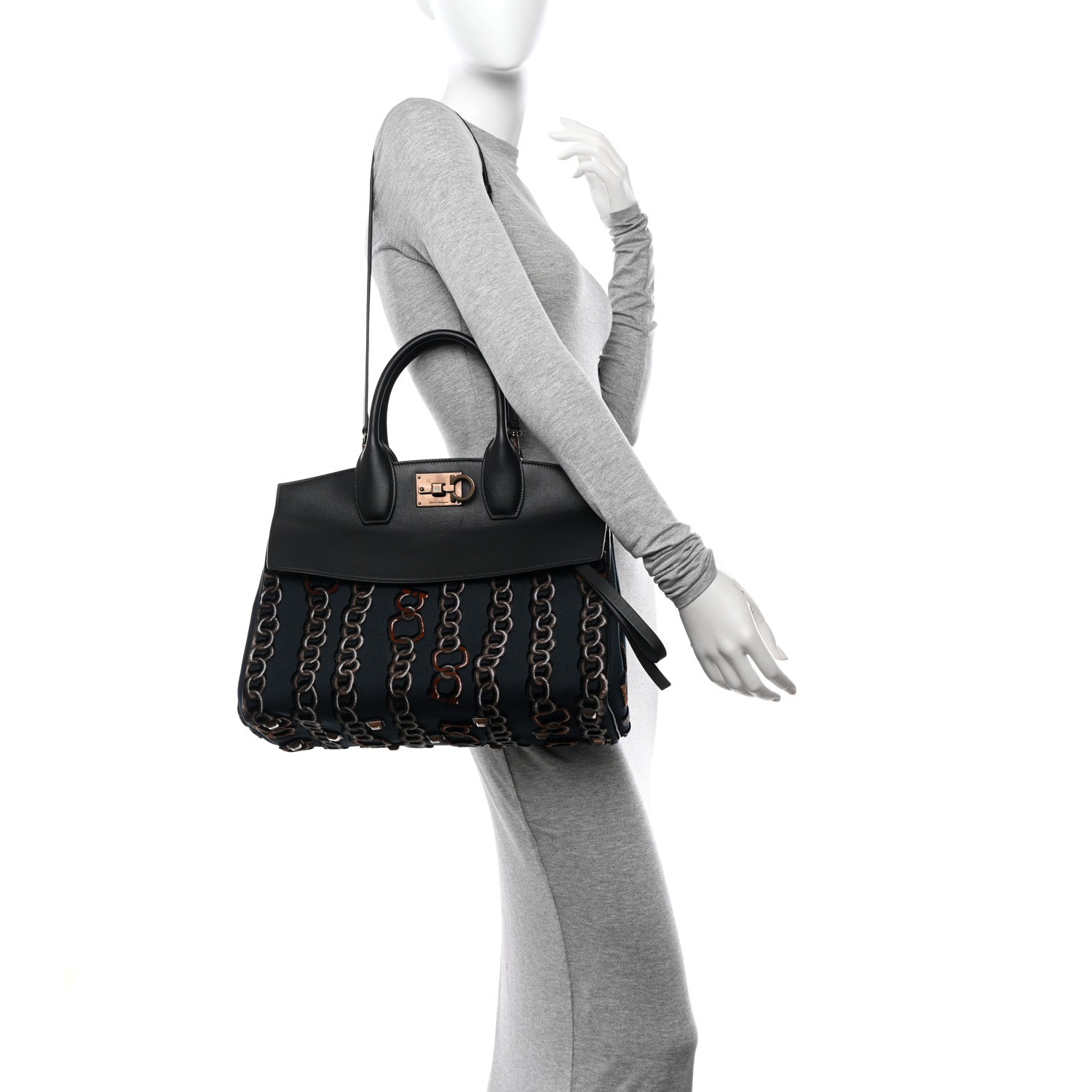 Salvatore Ferragamo Embroidered Canvas Calfskin The Studio Bag Navy Black 2 of 9