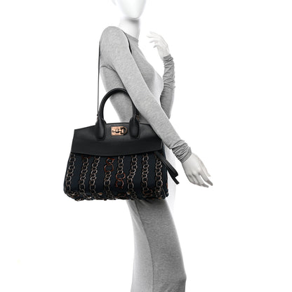 Salvatore Ferragamo Embroidered Canvas Calfskin The Studio Bag Navy Black 2 of 9