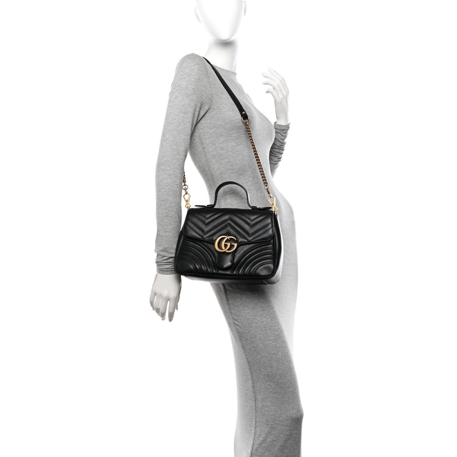 Gucci Calfskin Matelasse Small GG Marmont Top Handle Shoulder Bag Black 2 of 10