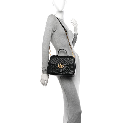 Gucci Calfskin Matelasse Small GG Marmont Top Handle Shoulder Bag Black 2 of 10