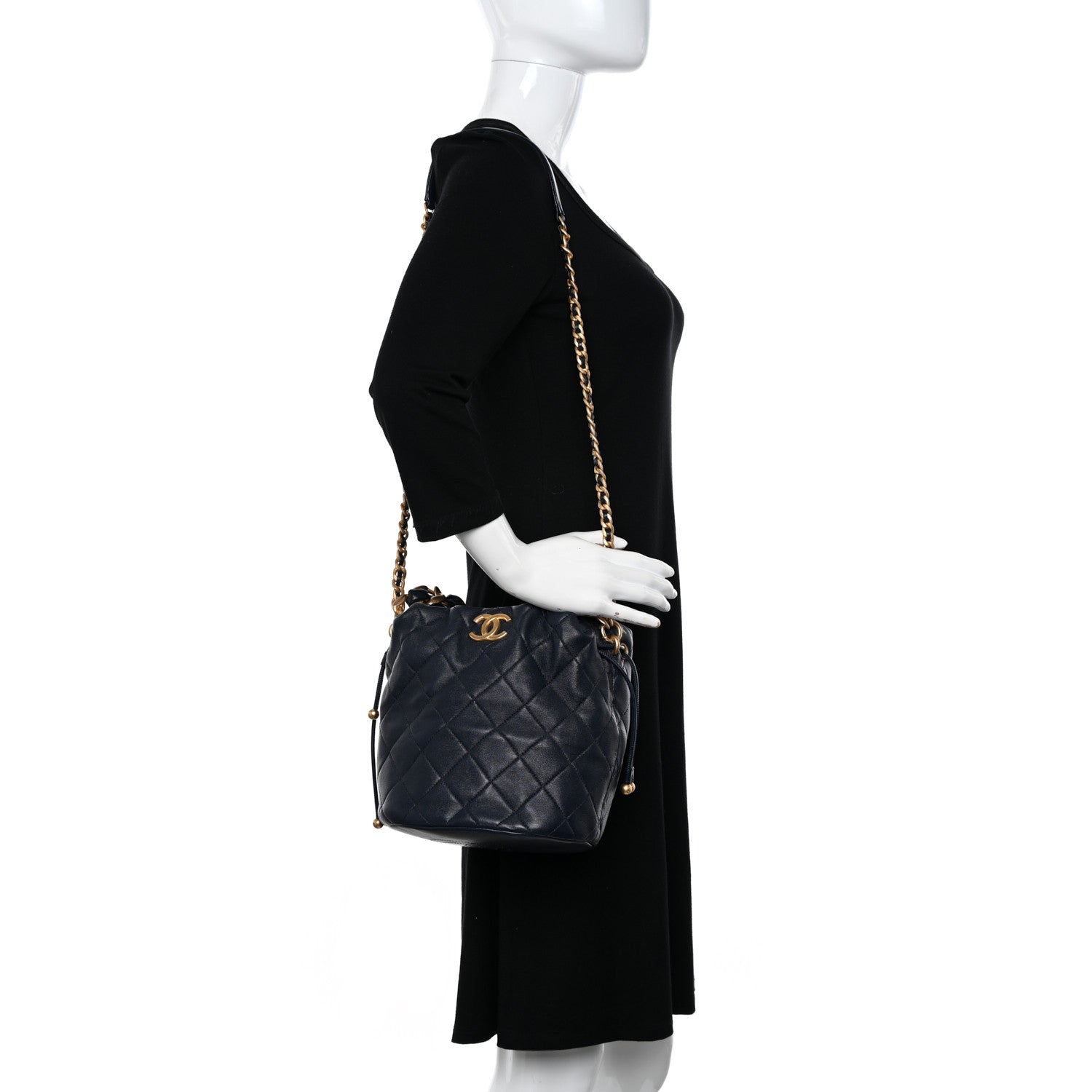 Chanel Shiny Lambskin Quilted Chain Is More Drawstring Bag Navy 2 of 11
