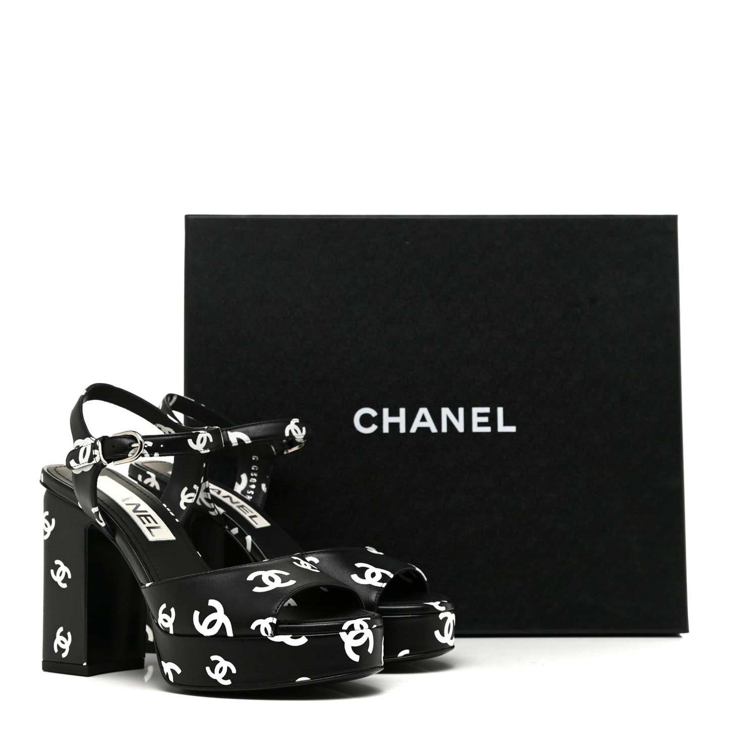 Printed Lambskin CC Platform Sandals 35 Black White