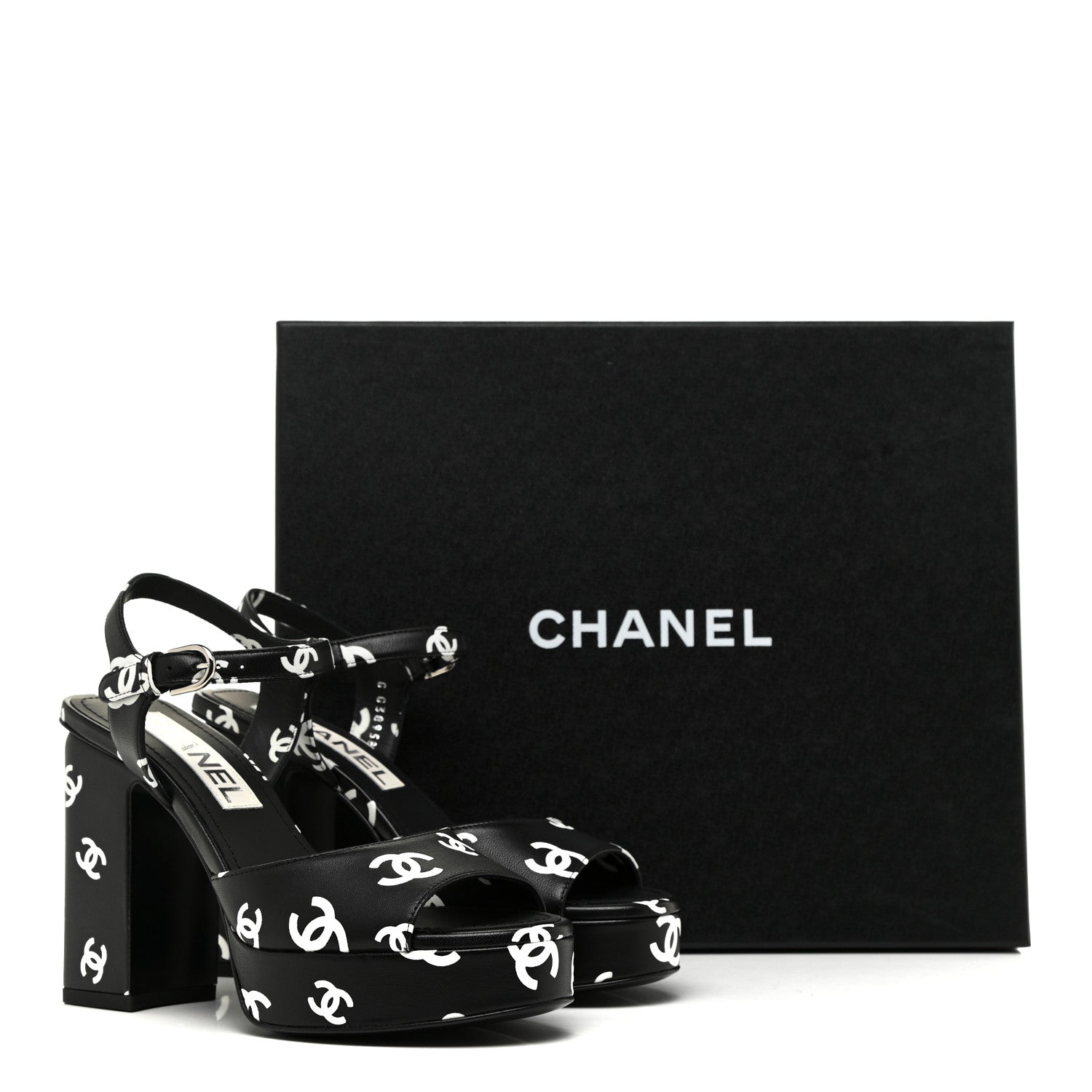 Chanel Printed Lambskin CC Platform Sandals 35 Black White 9 of 9