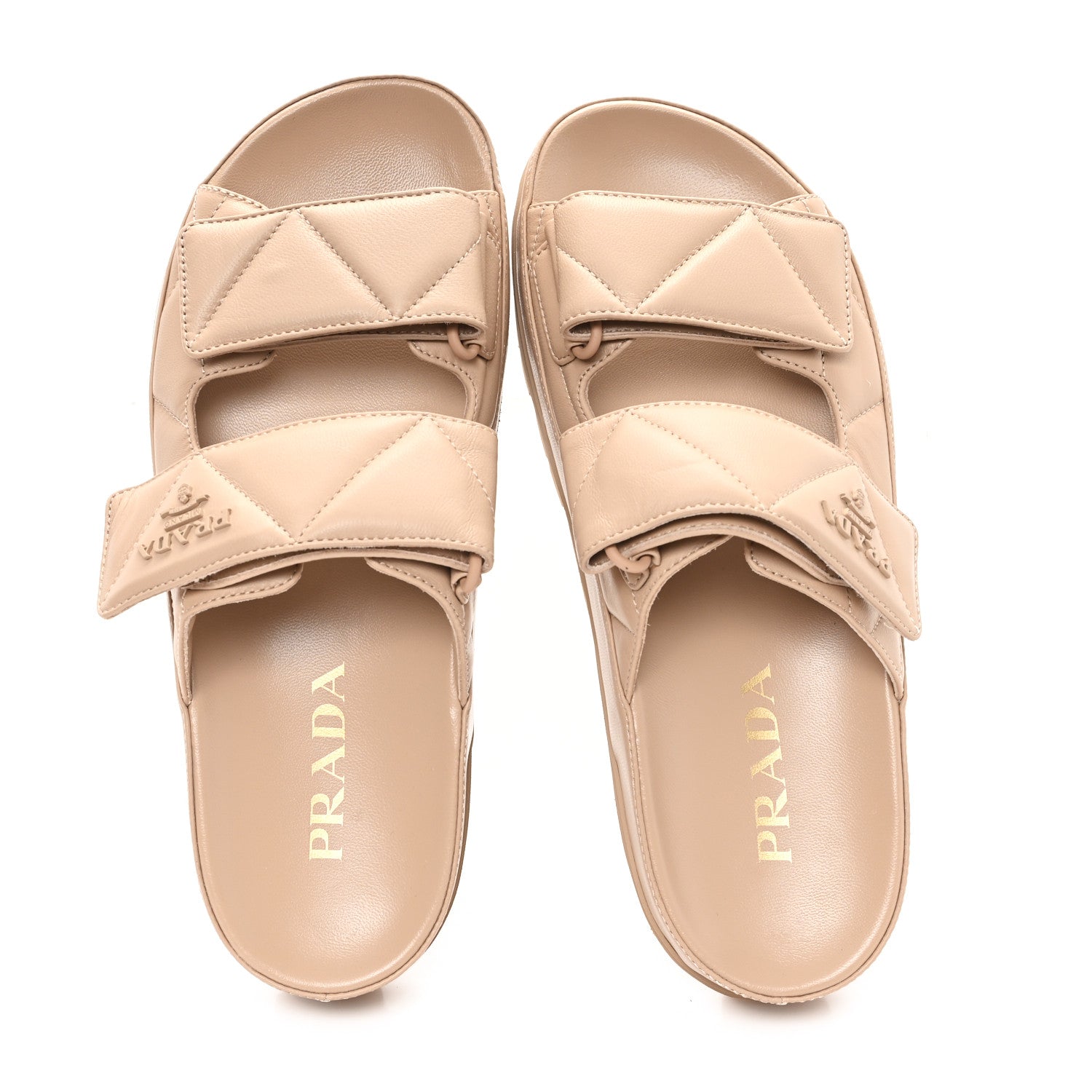 Prada Nappa Quilted Padded Logo Slide Sandals 37 Sabbia 2 of 10