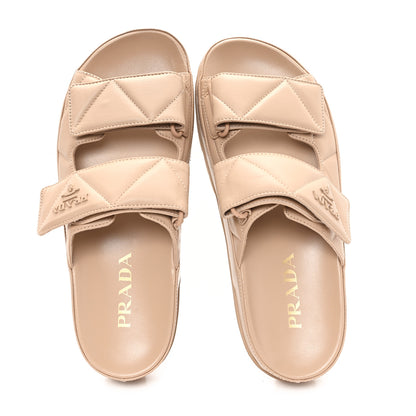 Prada Nappa Quilted Padded Logo Slide Sandals 37 Sabbia 2 of 10