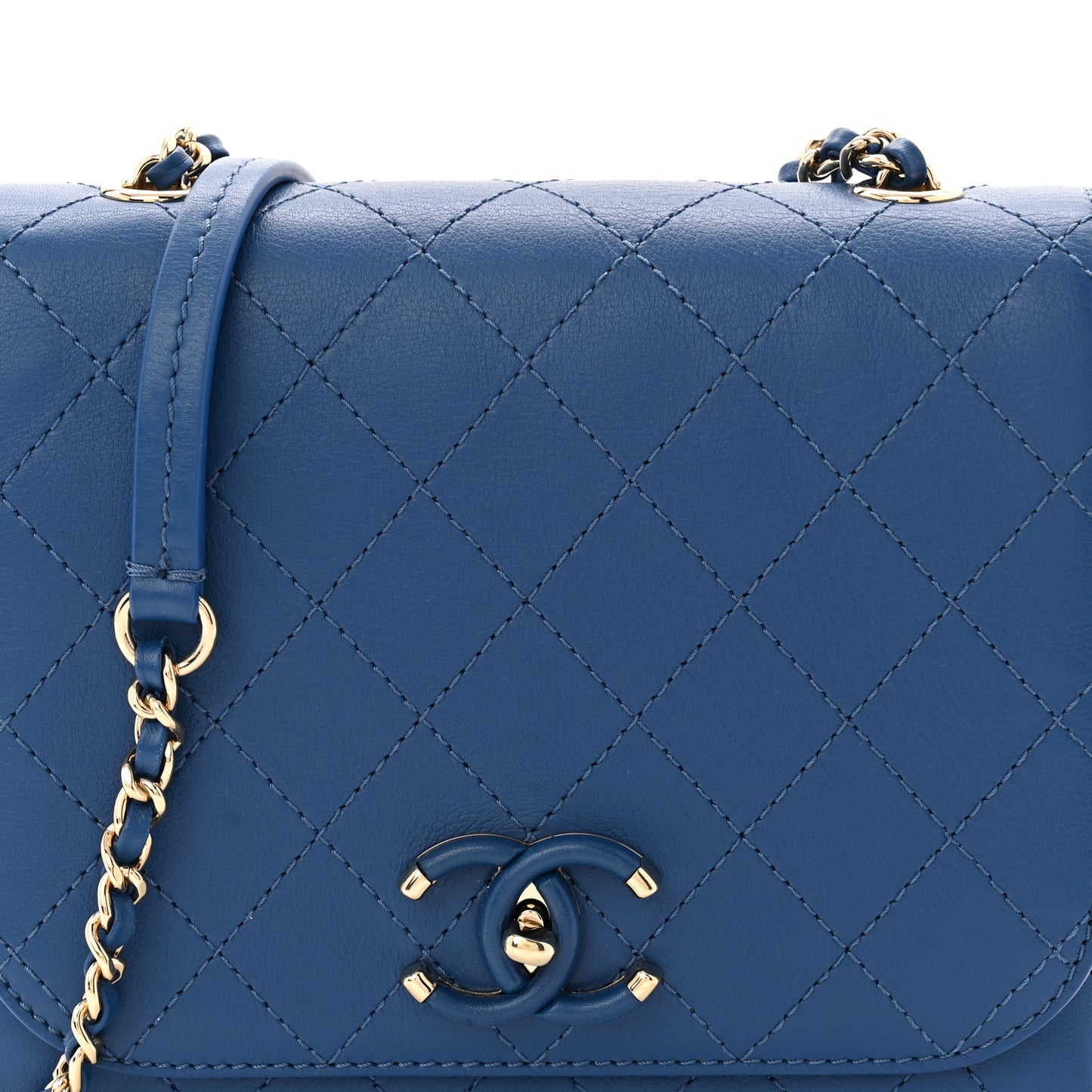 Calfskin Stitched Small Covered CC Flap Bag Blue