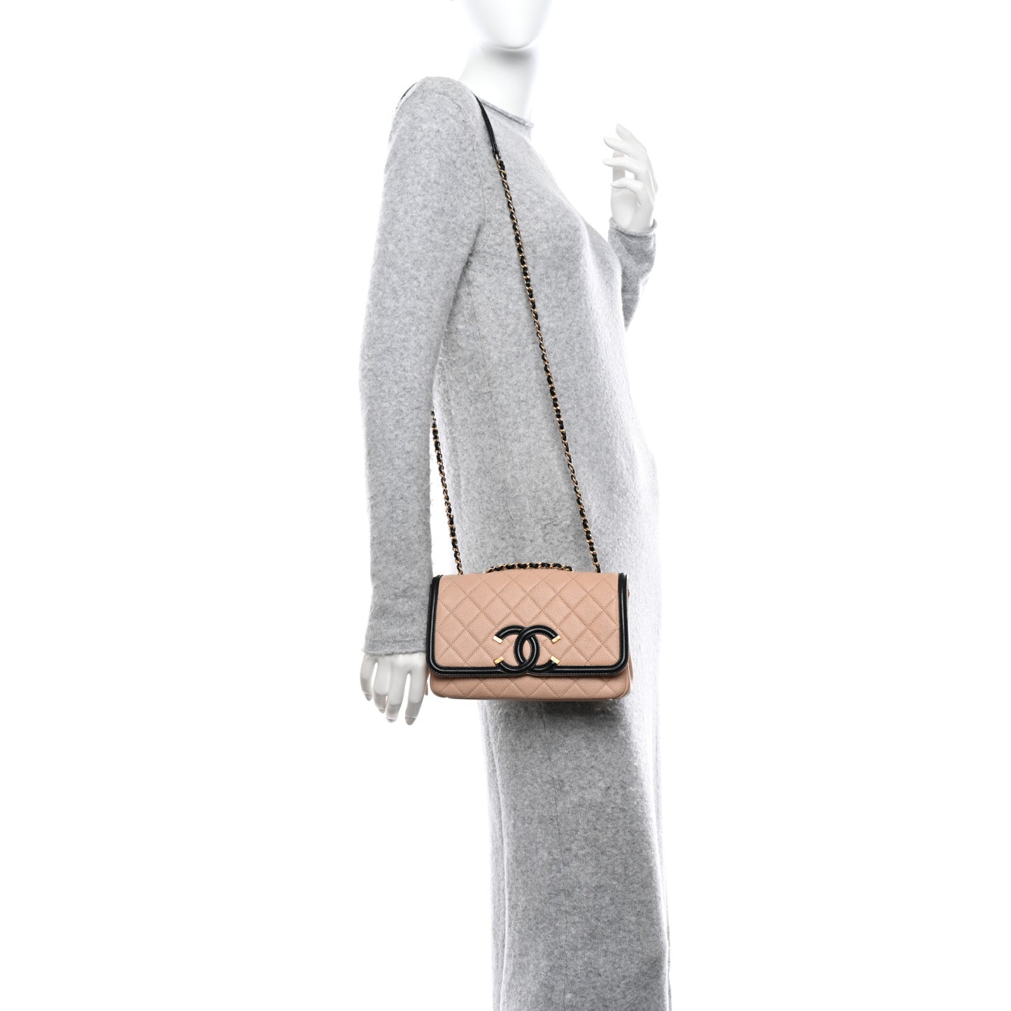 Caviar Quilted Small CC Filigree Flap Beige Black