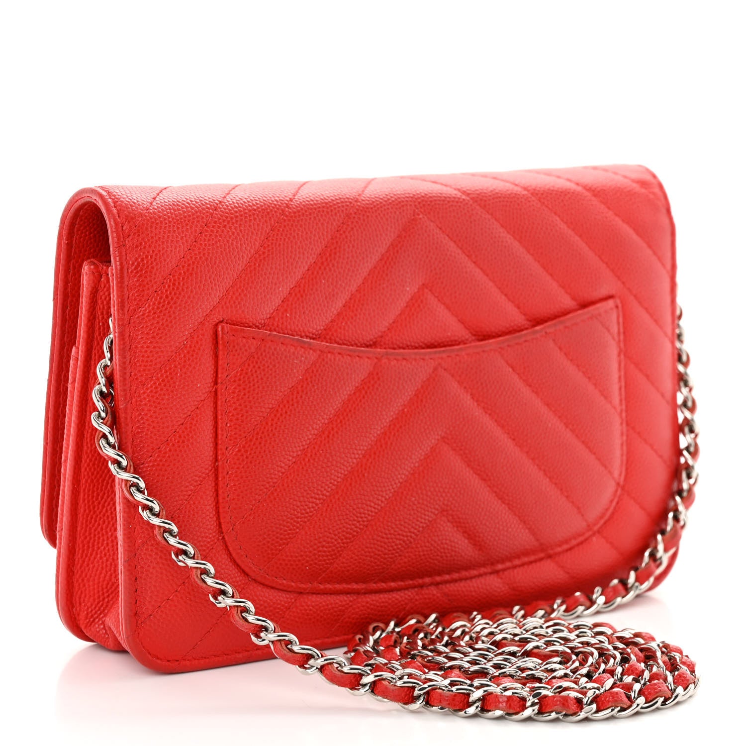 Chanel Caviar Chevron Quilted Wallet On Chain WOC Red 3 of 12
